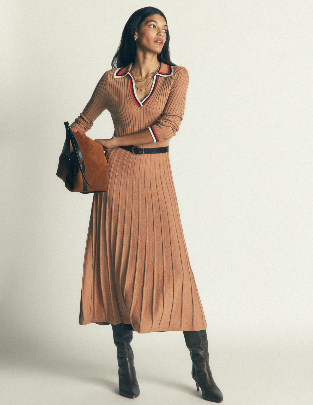 Ribbed Henley Knitted Dress-Camel Melange-5