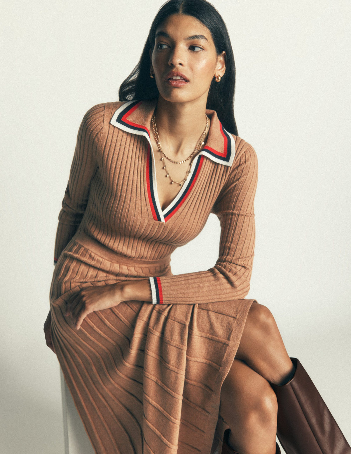 Ribbed Henley Knitted Dress-Camel Melange-6