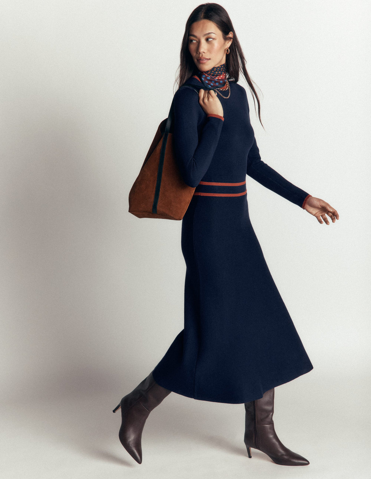 Contrast Tipped Knitted Dress-Navy - Image 1
