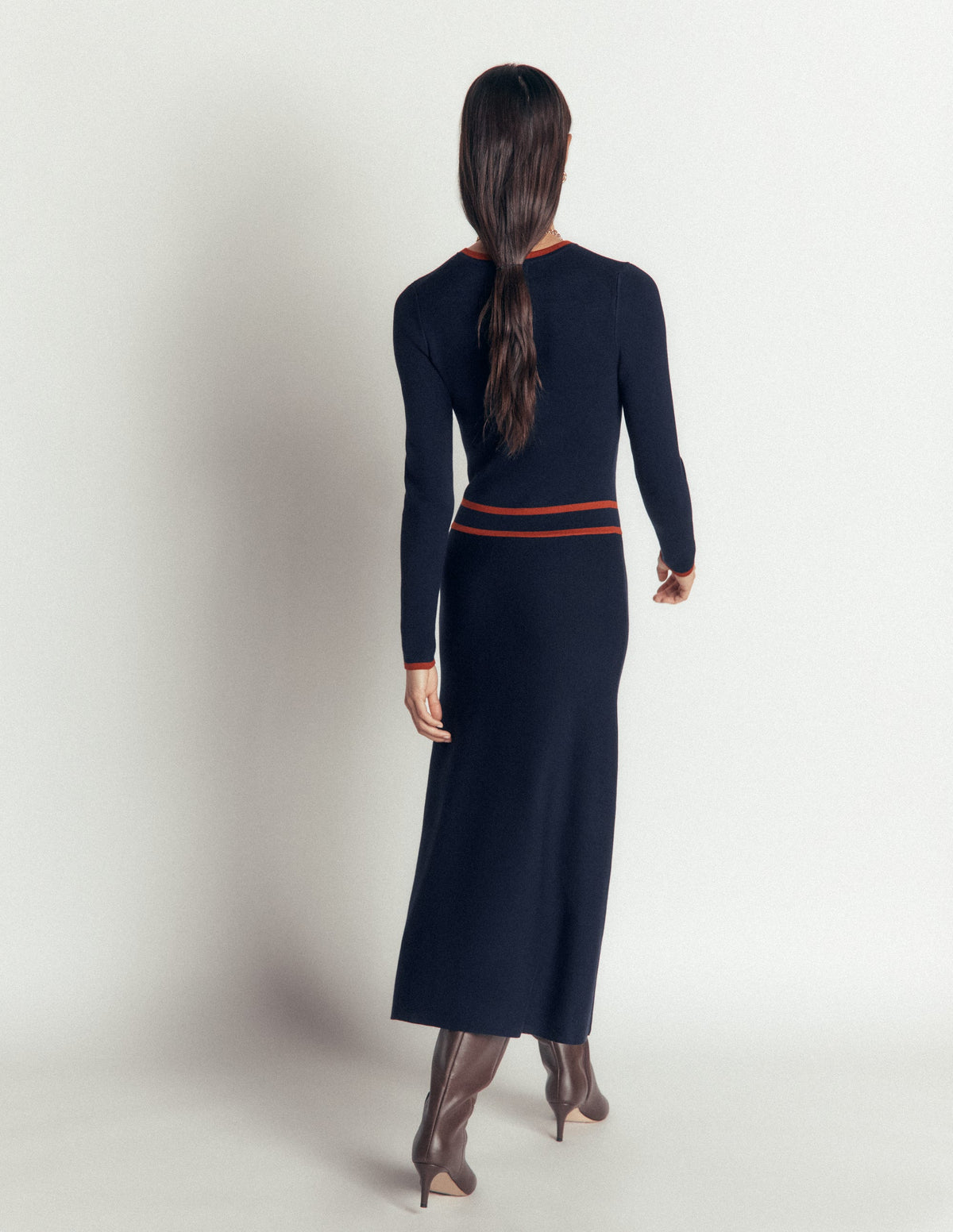 Contrast Tipped Knitted Dress-Navy-3