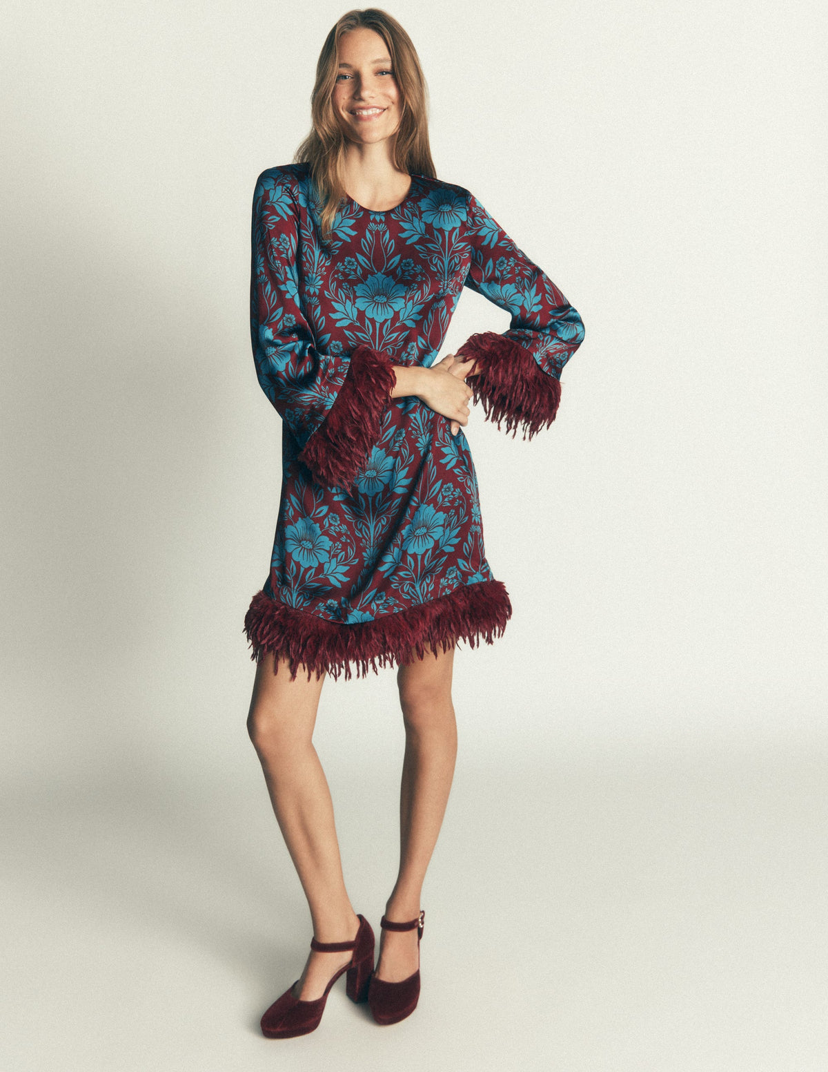 Faux Feather Satin Dress-Crystal Teal Flourishing Sprig-3