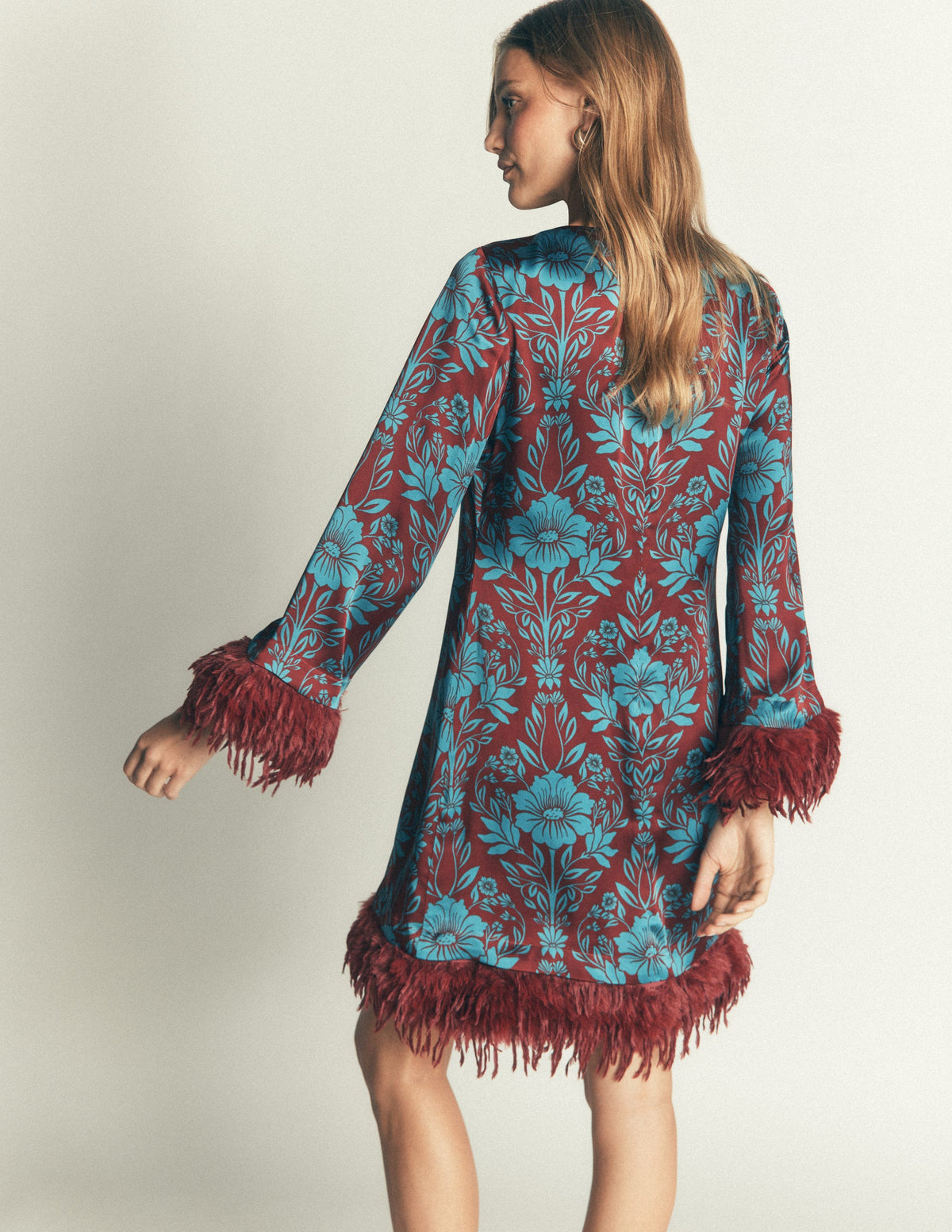 Faux Feather Satin Dress-Crystal Teal Flourishing Sprig-4