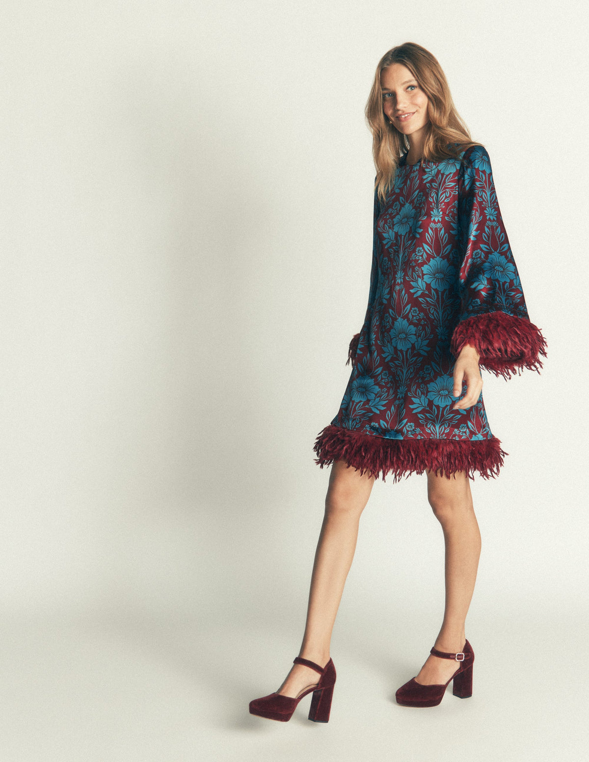Faux Feather Satin Dress-Crystal Teal Flourishing Sprig-5