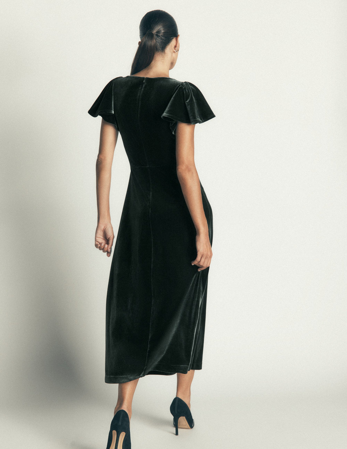 Draped Sleeve Velvet Dress-Scarab - Image 4