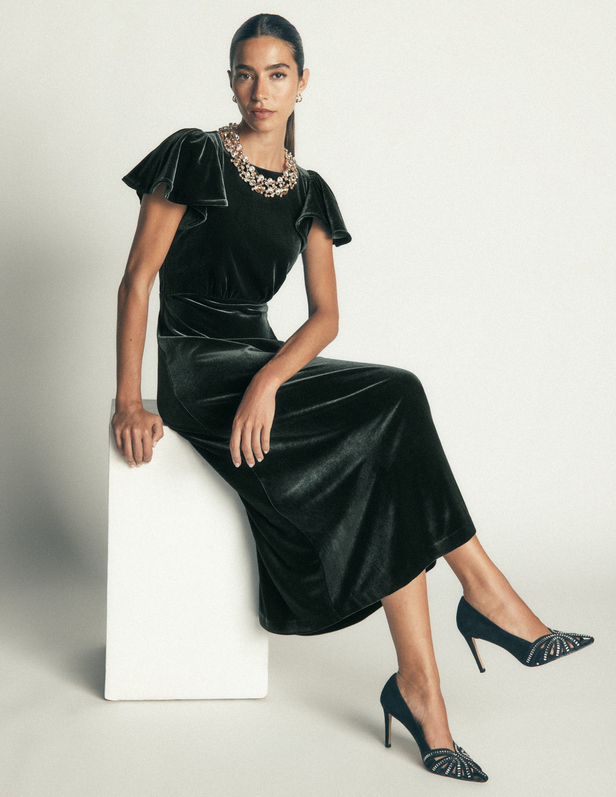 Draped Sleeve Velvet Dress-Scarab - Image 5