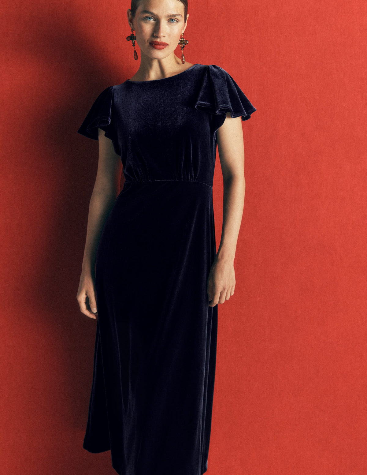 Draped Sleeve Velvet Dress-Navy - Image 1