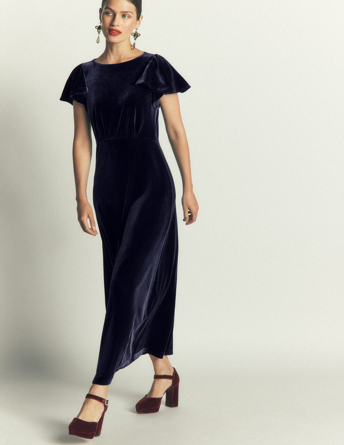 Draped Sleeve Velvet Dress-Navy-4