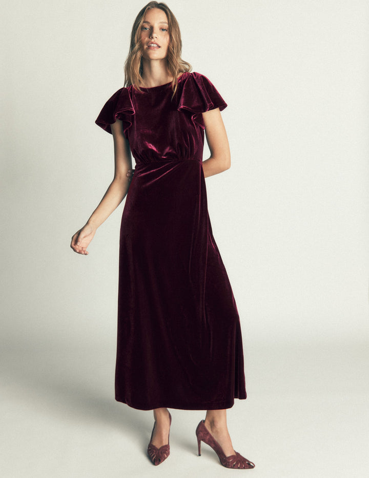 Draped Sleeve Velvet Dress-Dark Cherry