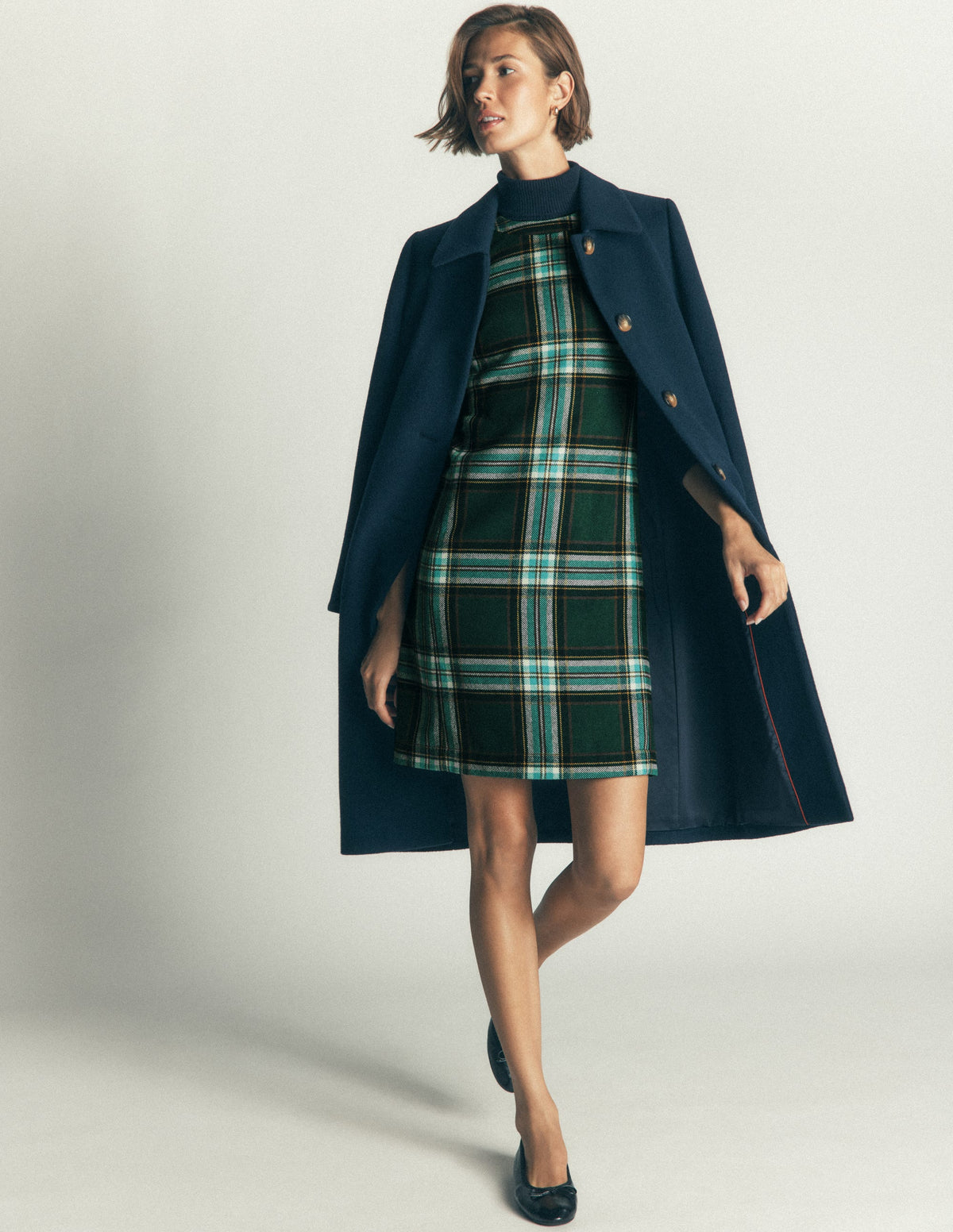 Lou Wool Check Shift Dress-Green, Navy and Teal Check - Image 6