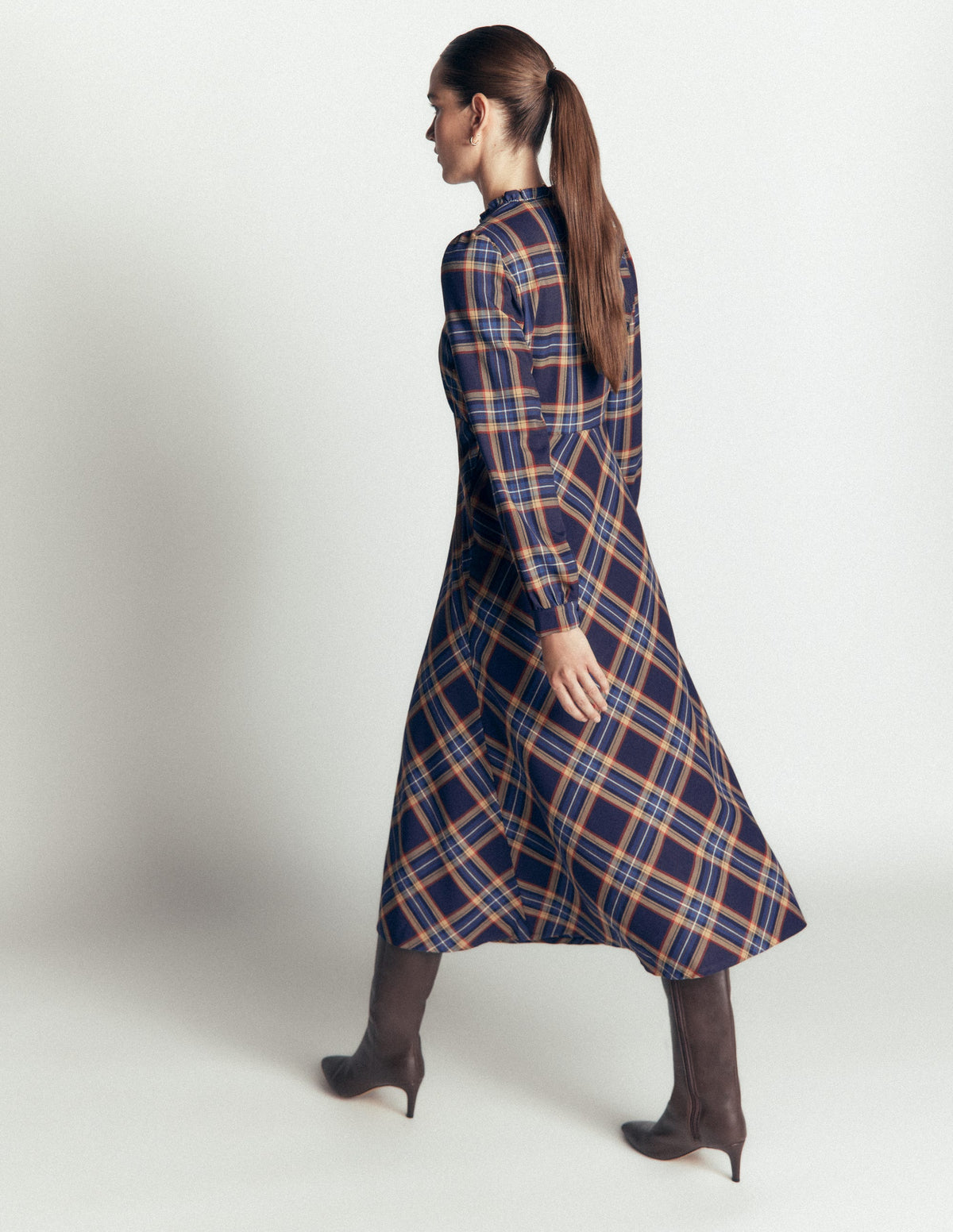 Cassie Checked Tea Dress-Navy and Camel Check-3