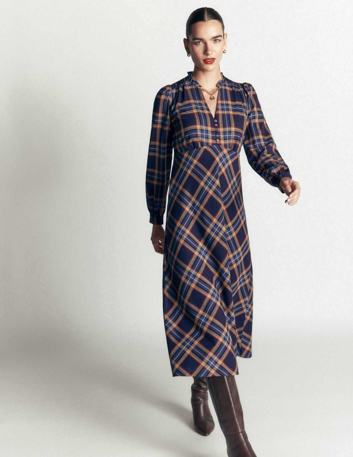 Cassie Checked Tea Dress-Navy and Camel Check - Image 4