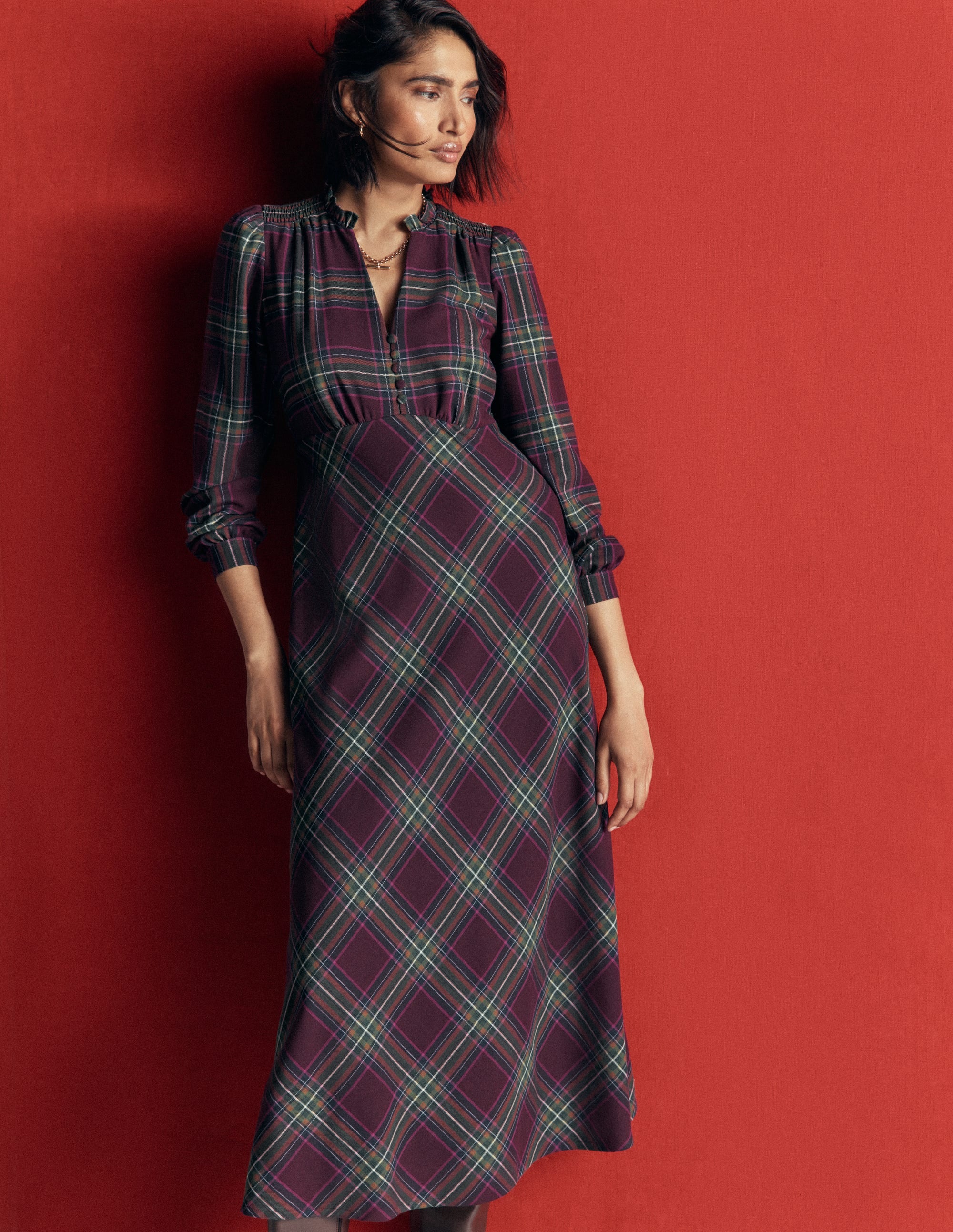 Cassie Checked Tea Dress-Maroon and Olive Check - Image 2