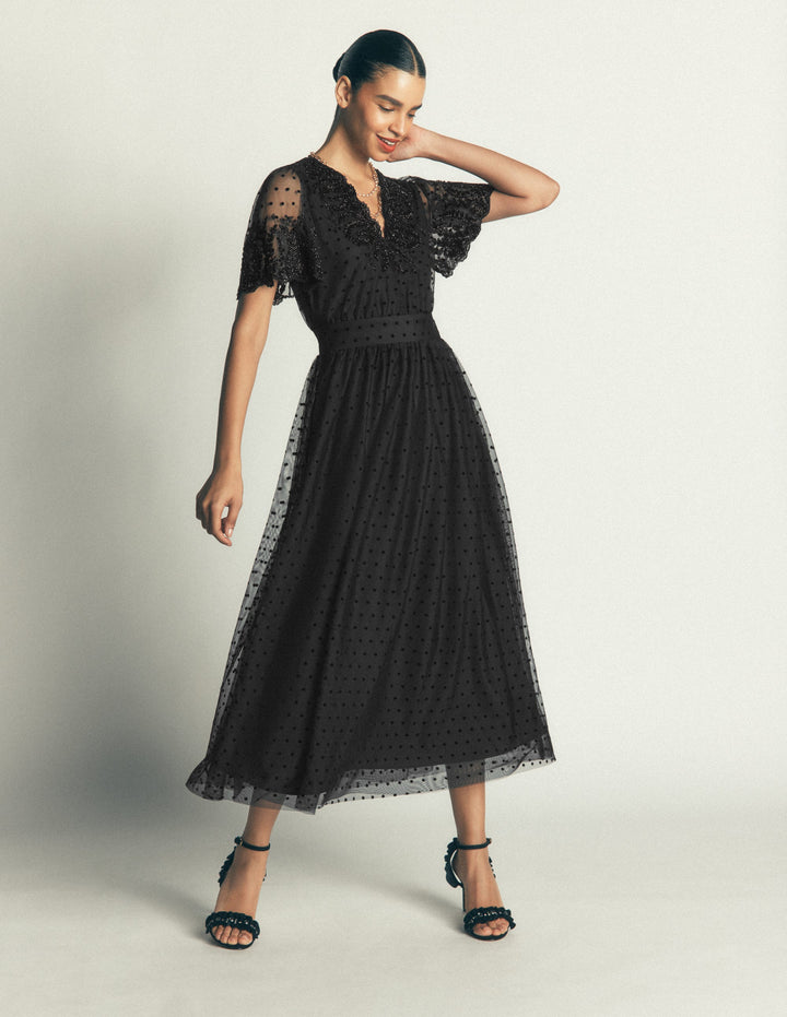 Embroidered Tulle Maxi Dress-Black