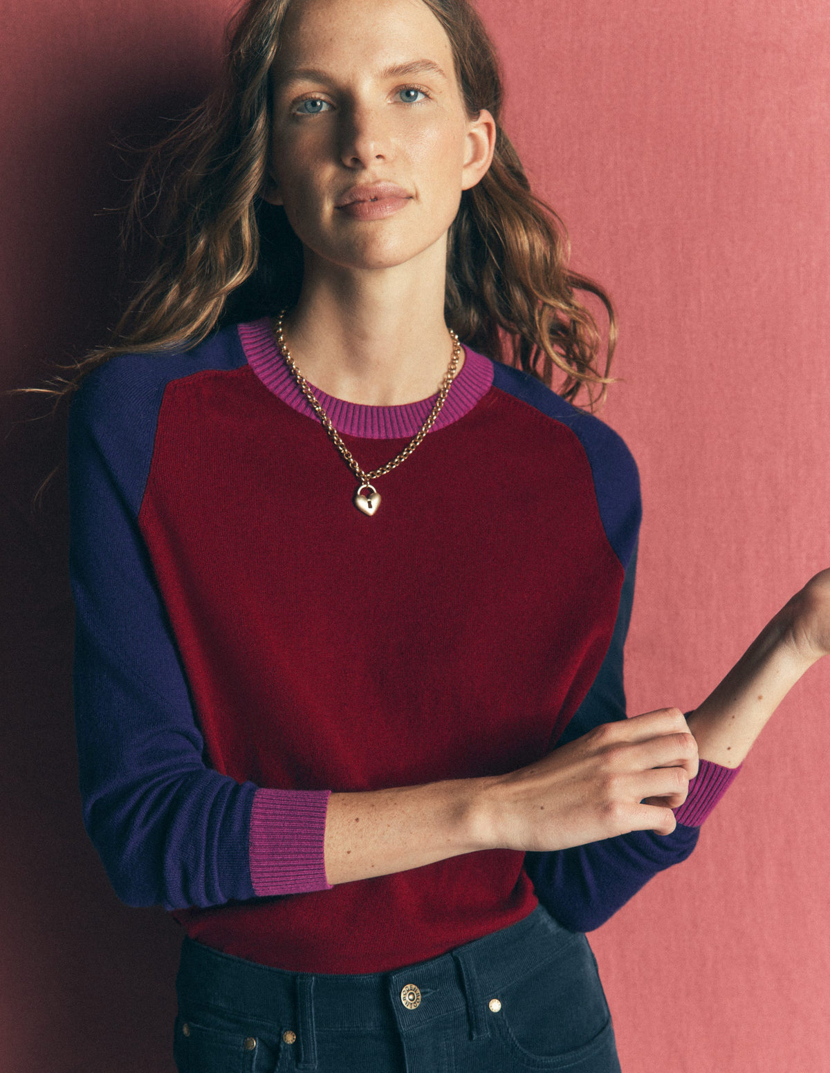 Meg Raglan Sleeve Jumper-Merlot, Colour Block-1
