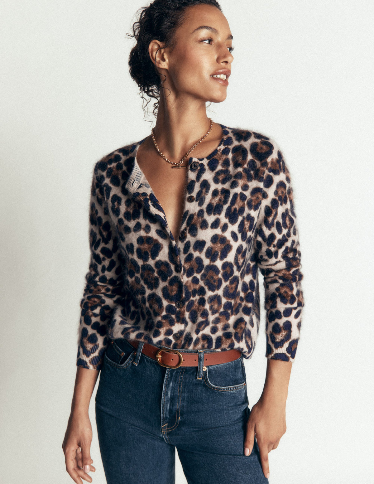 Kat Brushed Cashmere Cardigan-Camel, Leopard - Image 1
