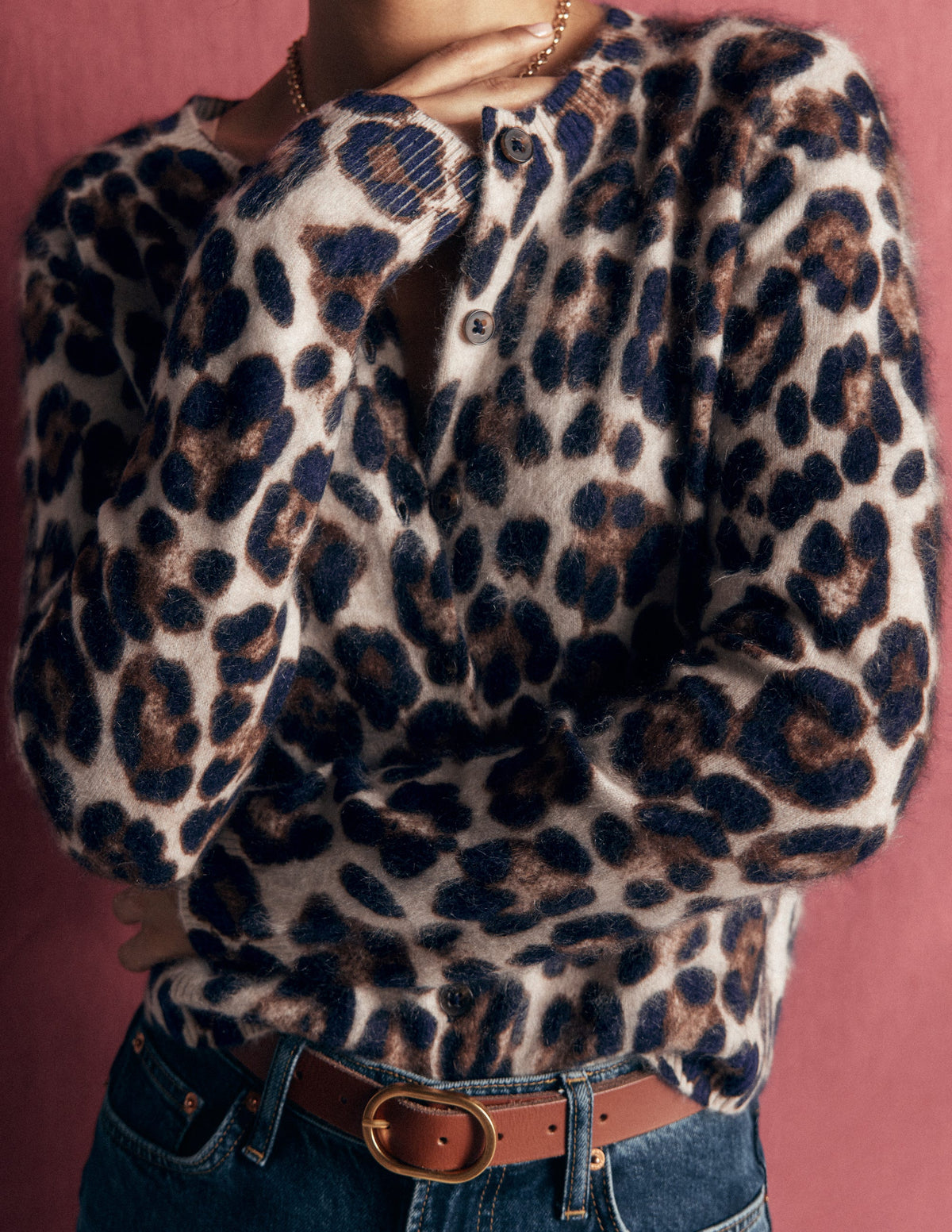 Kat Brushed Cashmere Cardigan-Camel, Leopard - Image 2