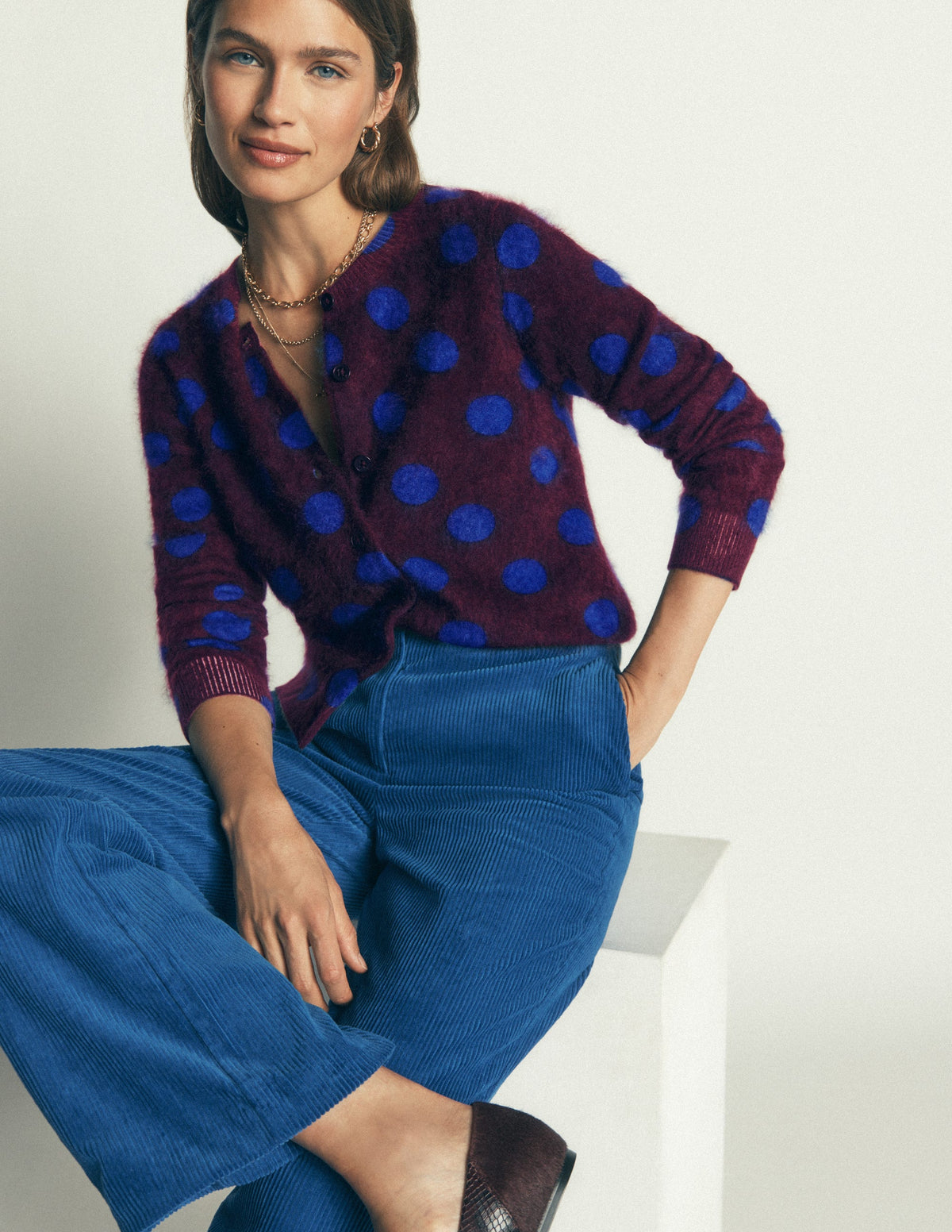 Kat Brushed Cashmere Cardigan-Dark Cherry Spot-1