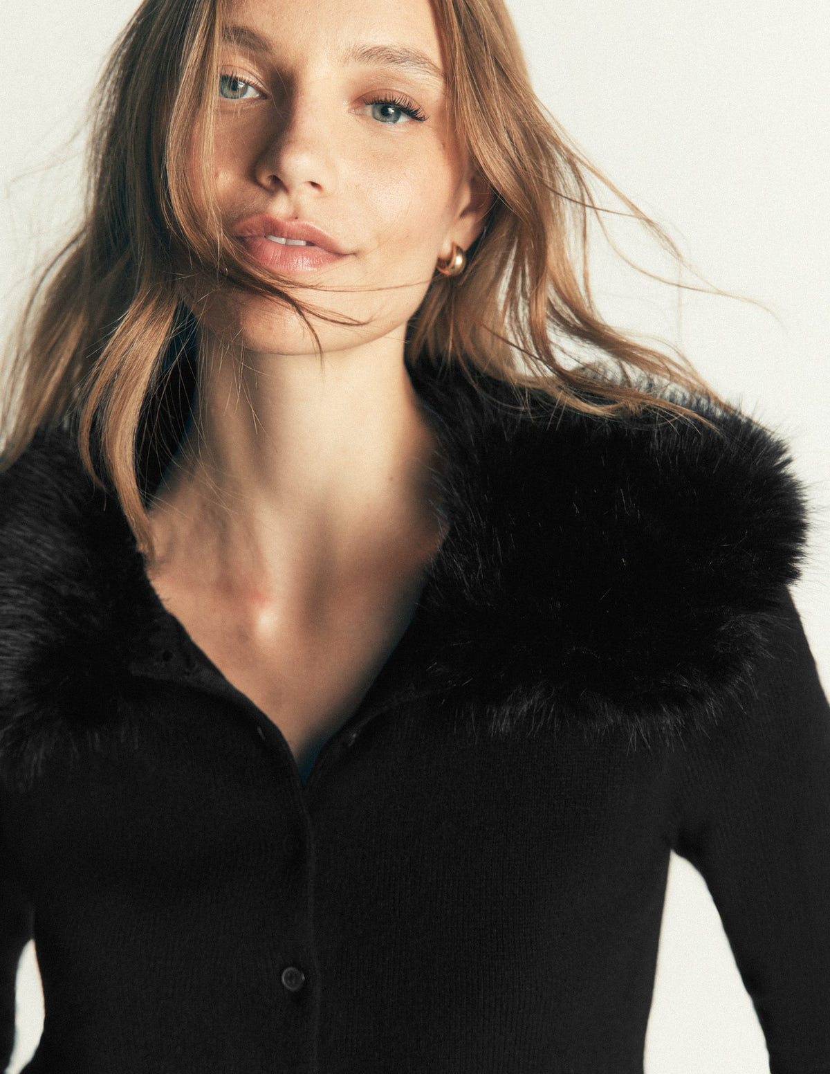 Fur Collar Cropped Cardigan-Black-2