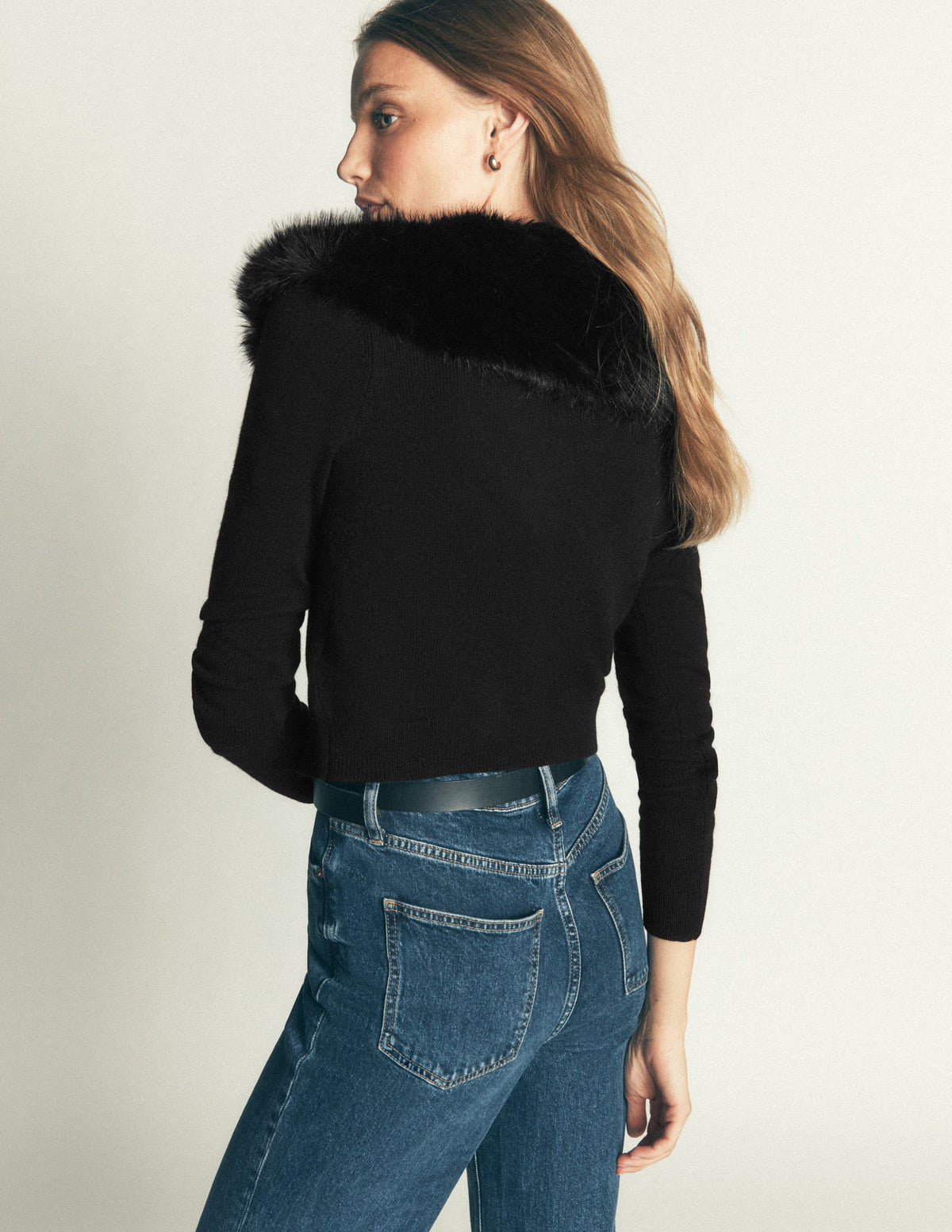 Fur Collar Cropped Cardigan-Black - Image 3