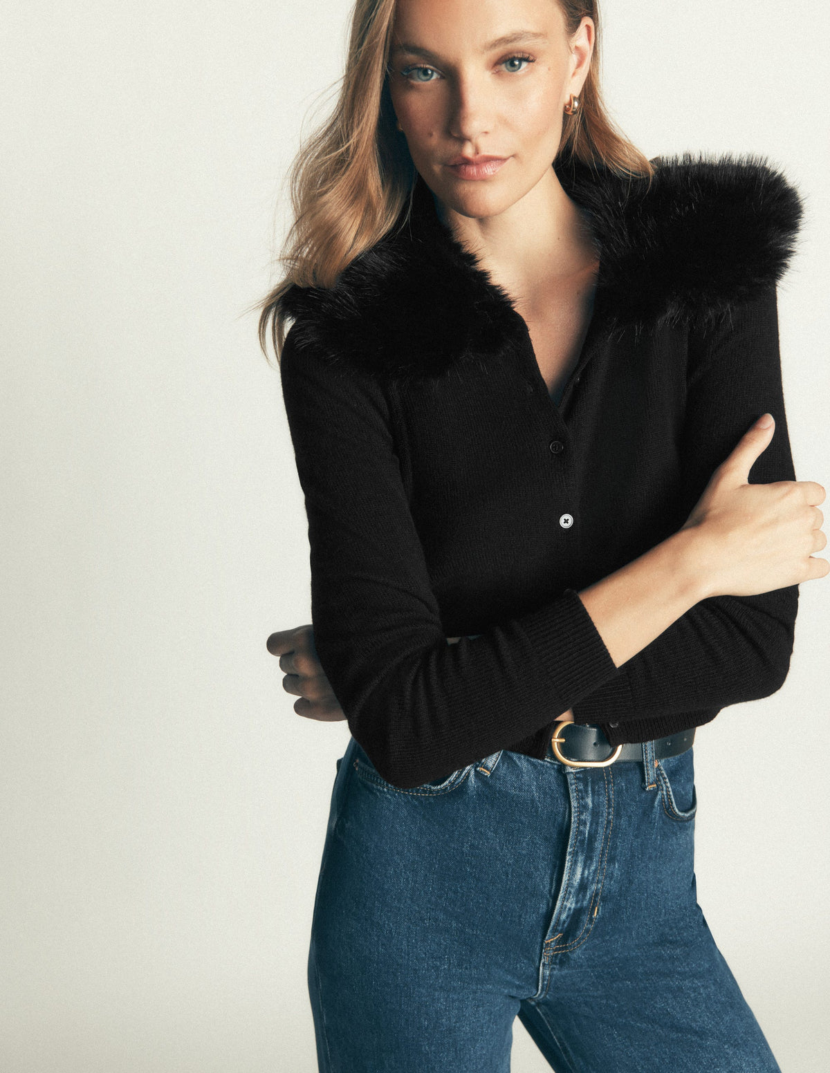 Fur Collar Cropped Cardigan-Black - Image 5