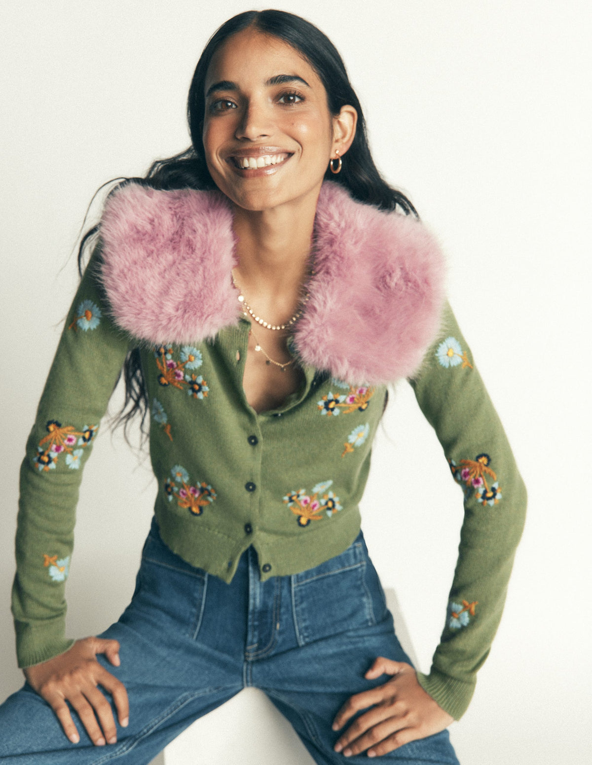 Fur Collar Cropped Cardigan-Laurel Green Embroidery-1