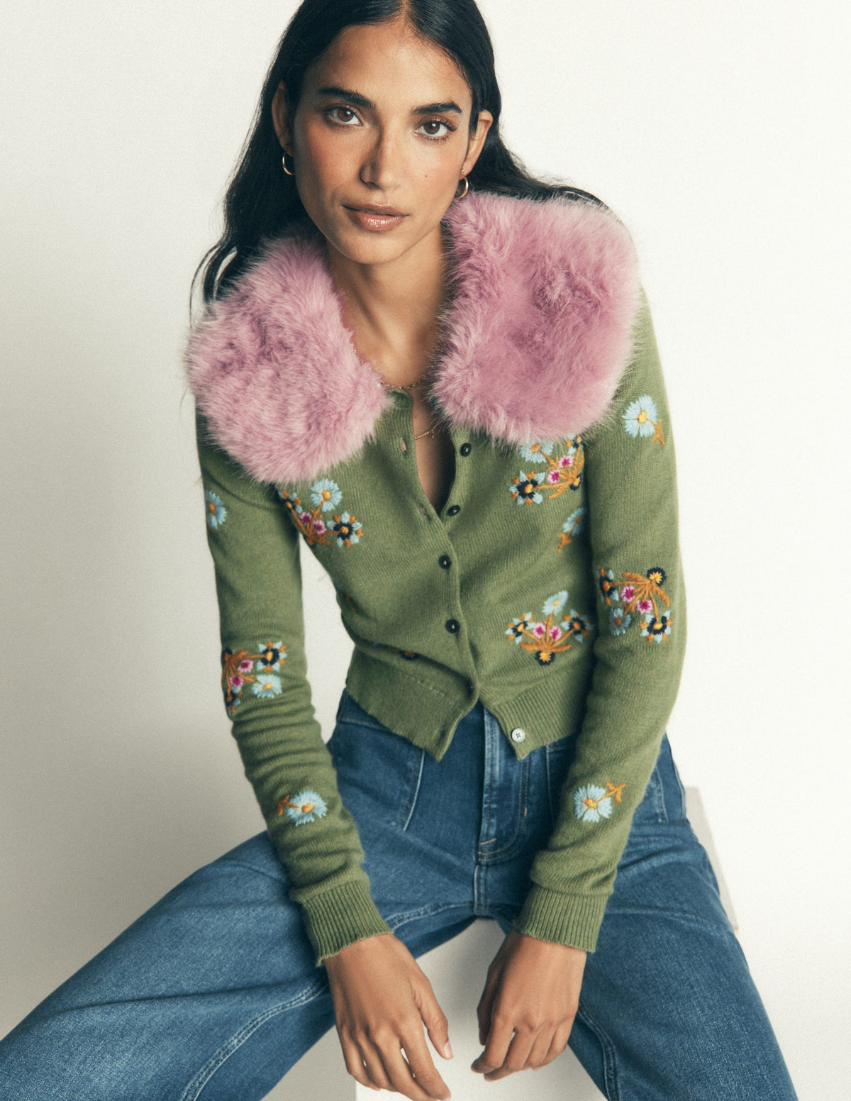 Fur Collar Cropped Cardigan-Laurel Green Embroidery-2