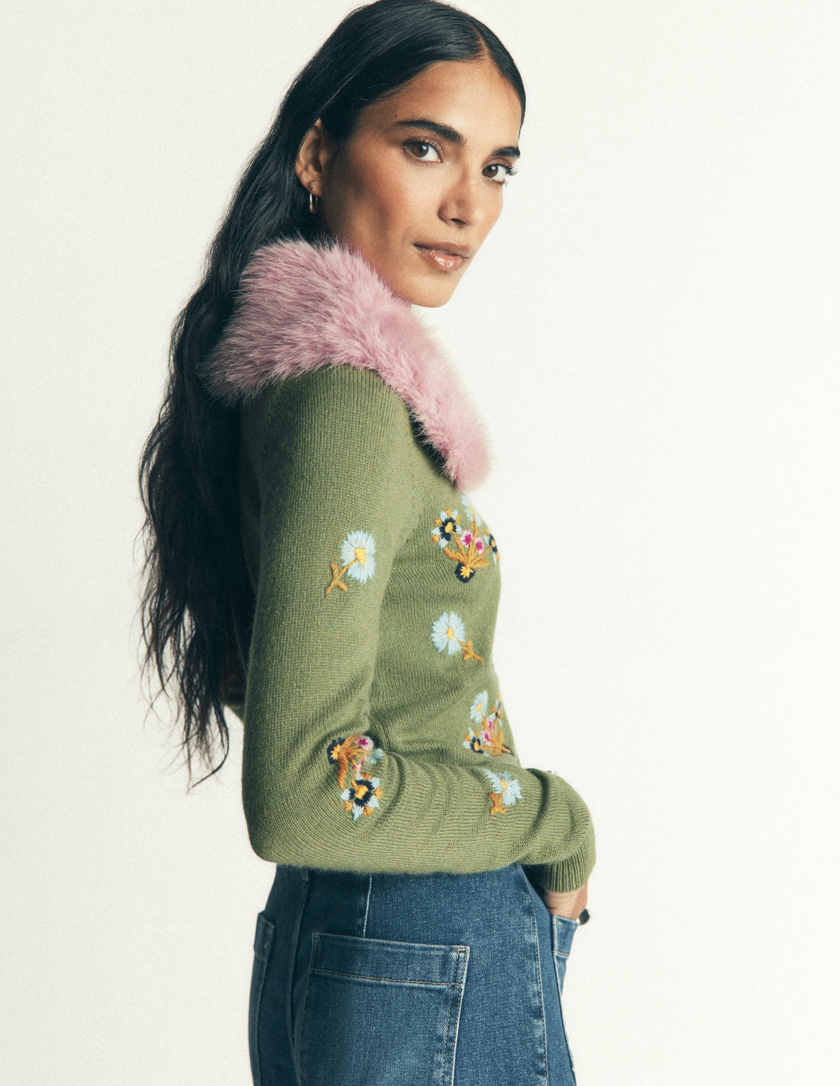 Fur Collar Cropped Cardigan-Laurel Green Embroidery-3