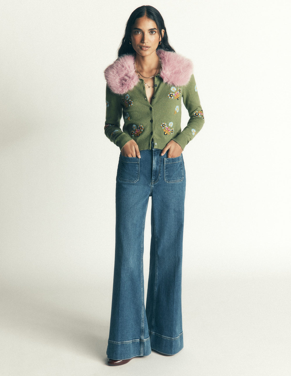 Fur Collar Cropped Cardigan-Laurel Green Embroidery - Image 4