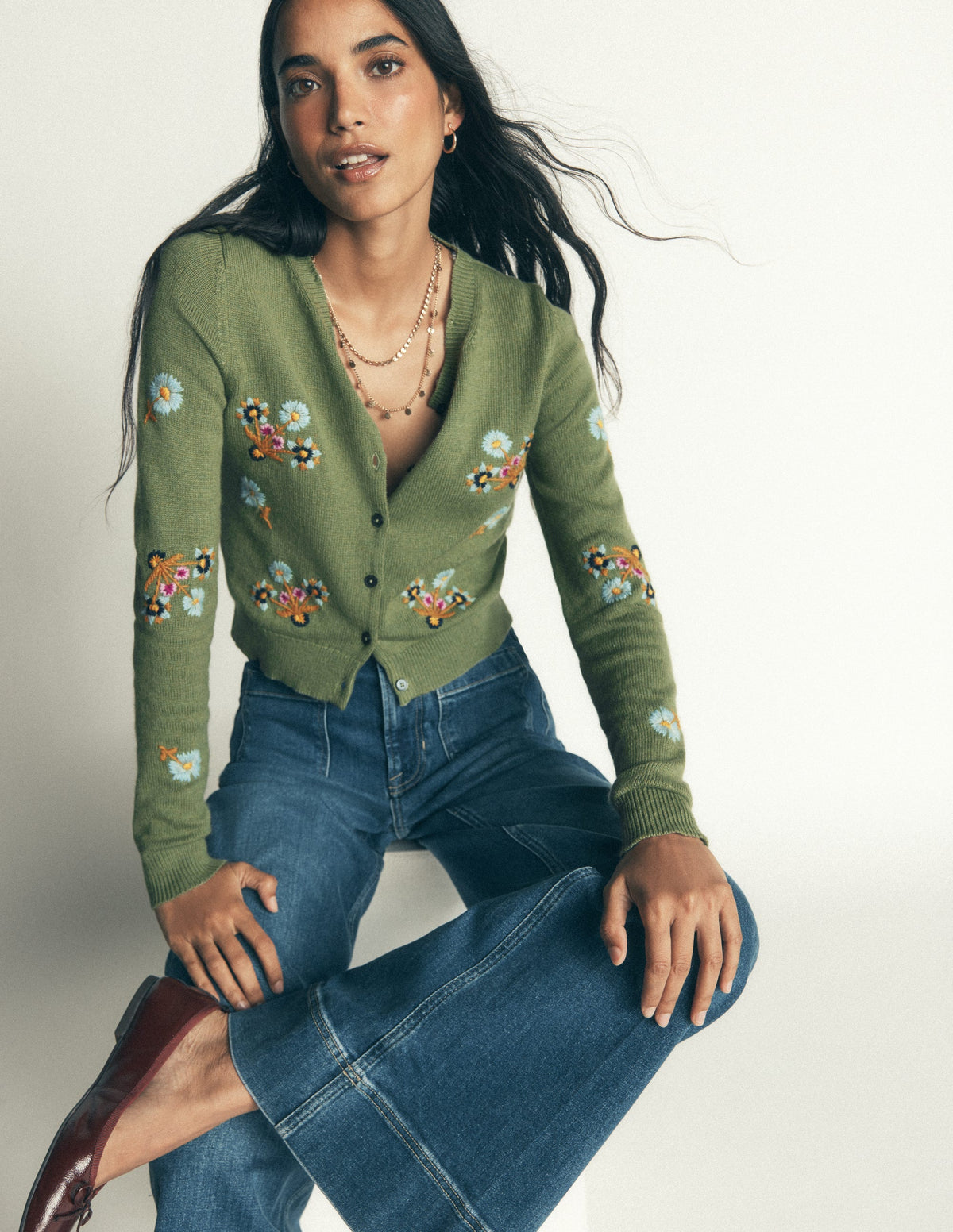 Fur Collar Cropped Cardigan-Laurel Green Embroidery - Image 5