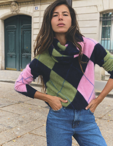 Kat Brushed Cashmere Jumper-Navy, Pink, Green Argyle