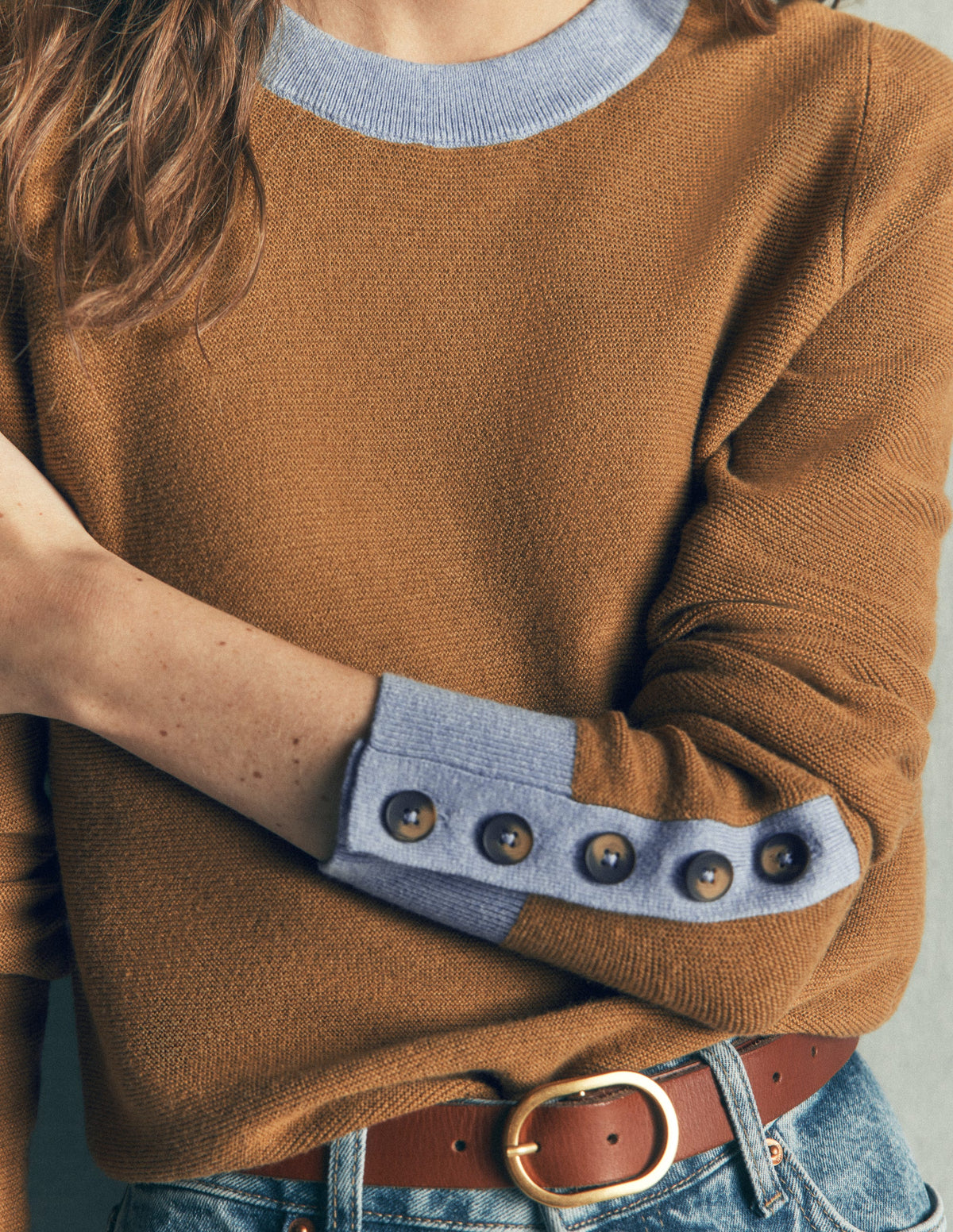 Grace Colour Block Jumper-Camel, Blue - Image 2