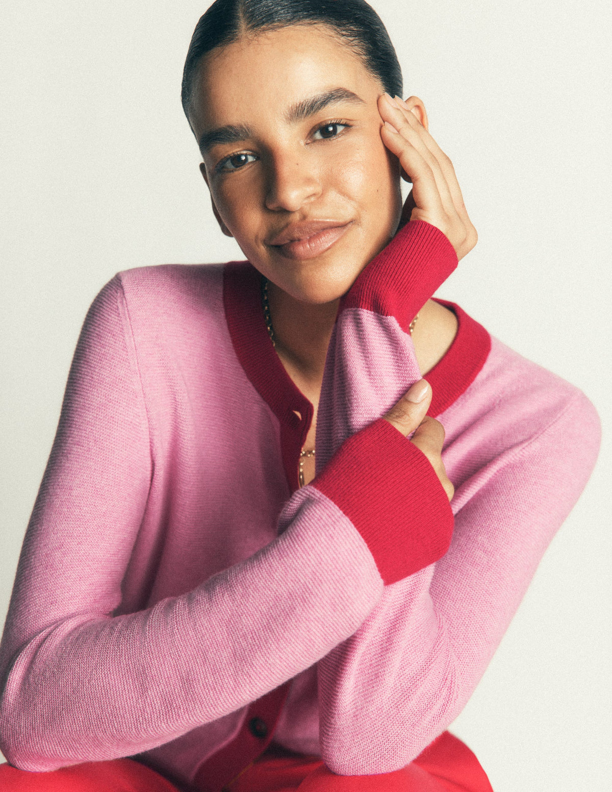 Grace Colour Block Cardigan-Peony Pink, Red-2