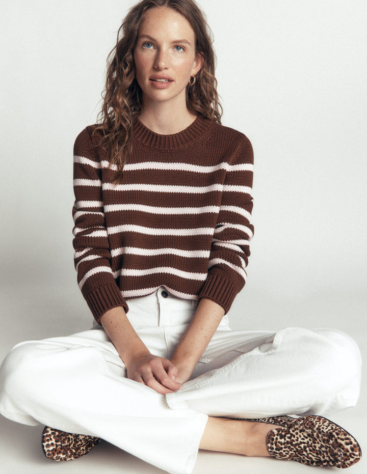 Lucy Chunky Cotton Jumper-brown, ivory stripe