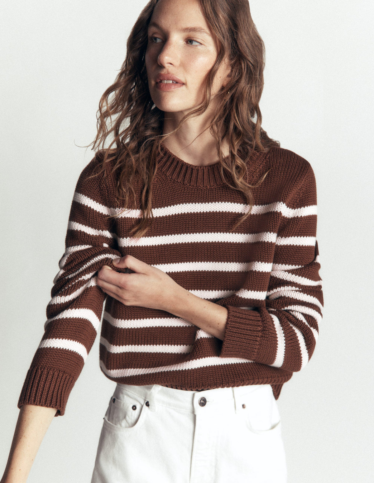 Lucy Chunky Cotton Jumper-brown, ivory stripe-2