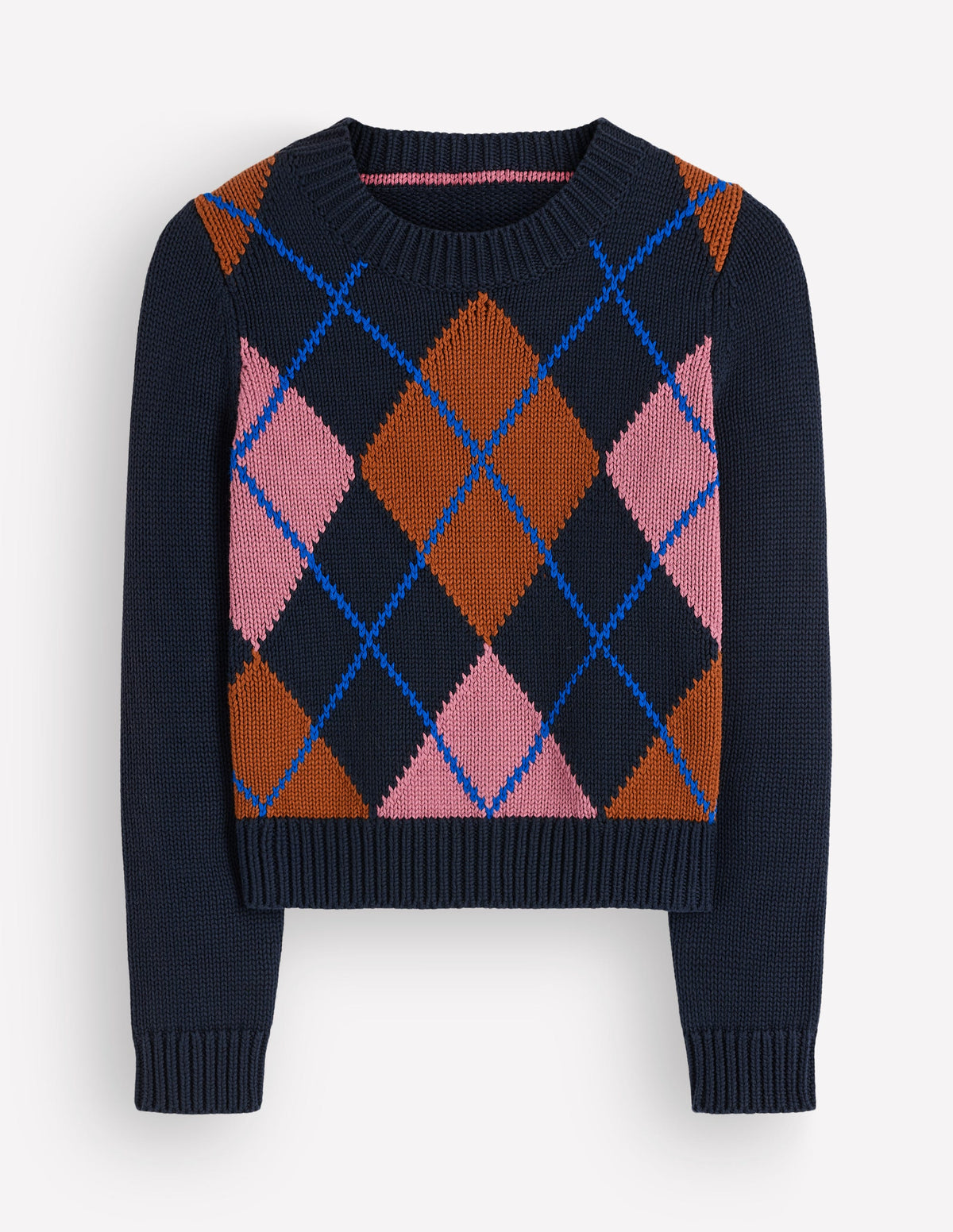 Lucy Chunky Cotton Jumper-navy, pink and brown argyle - Image 6