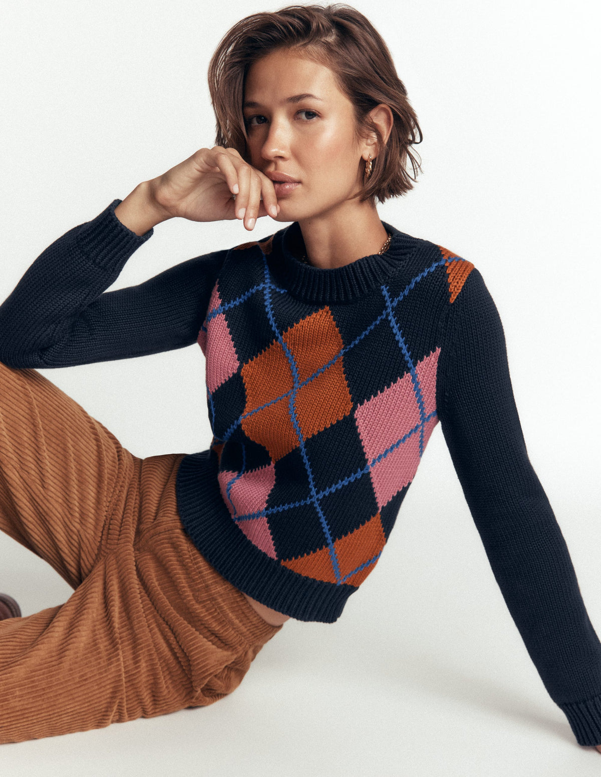 Lucy Chunky Cotton Jumper-navy, pink and brown argyle - Image 2
