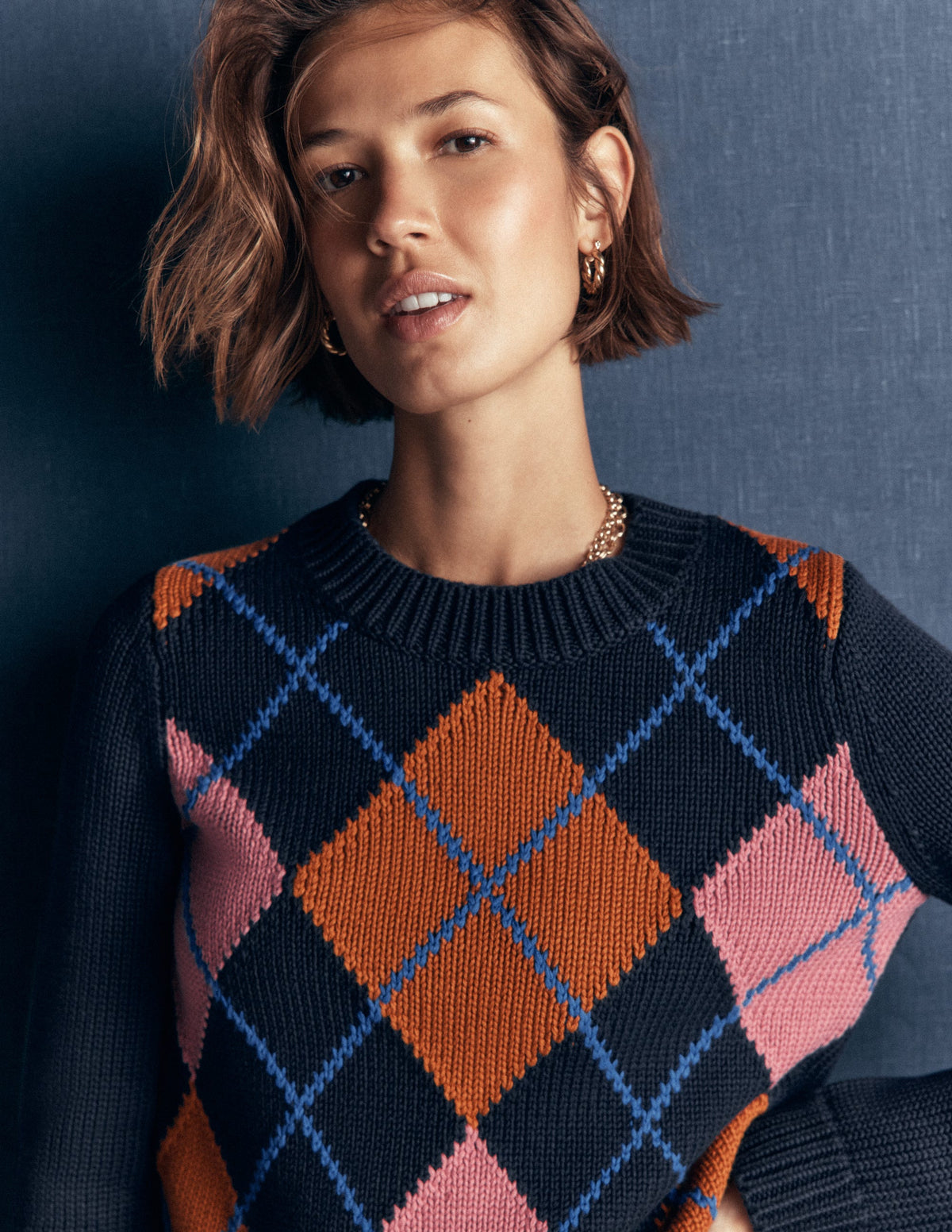 Lucy Chunky Cotton Jumper-navy, pink and brown argyle-4