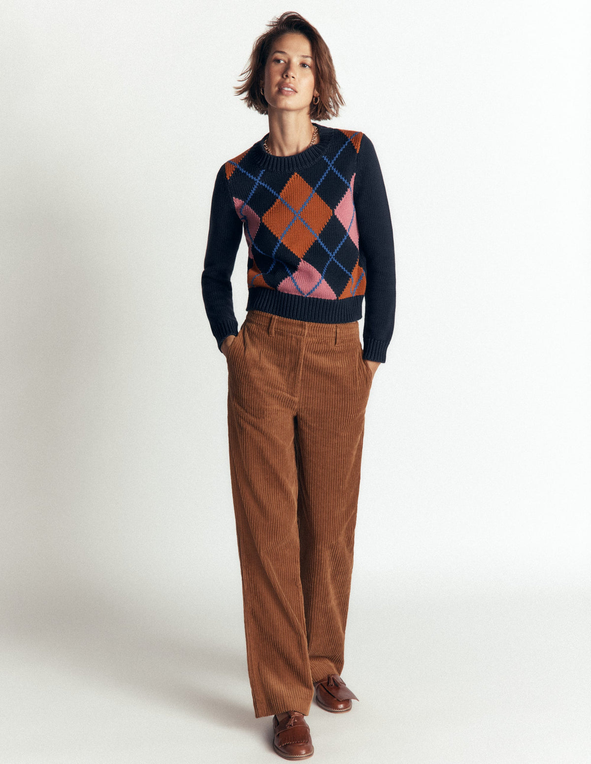 Lucy Chunky Cotton Jumper-navy, pink and brown argyle-6