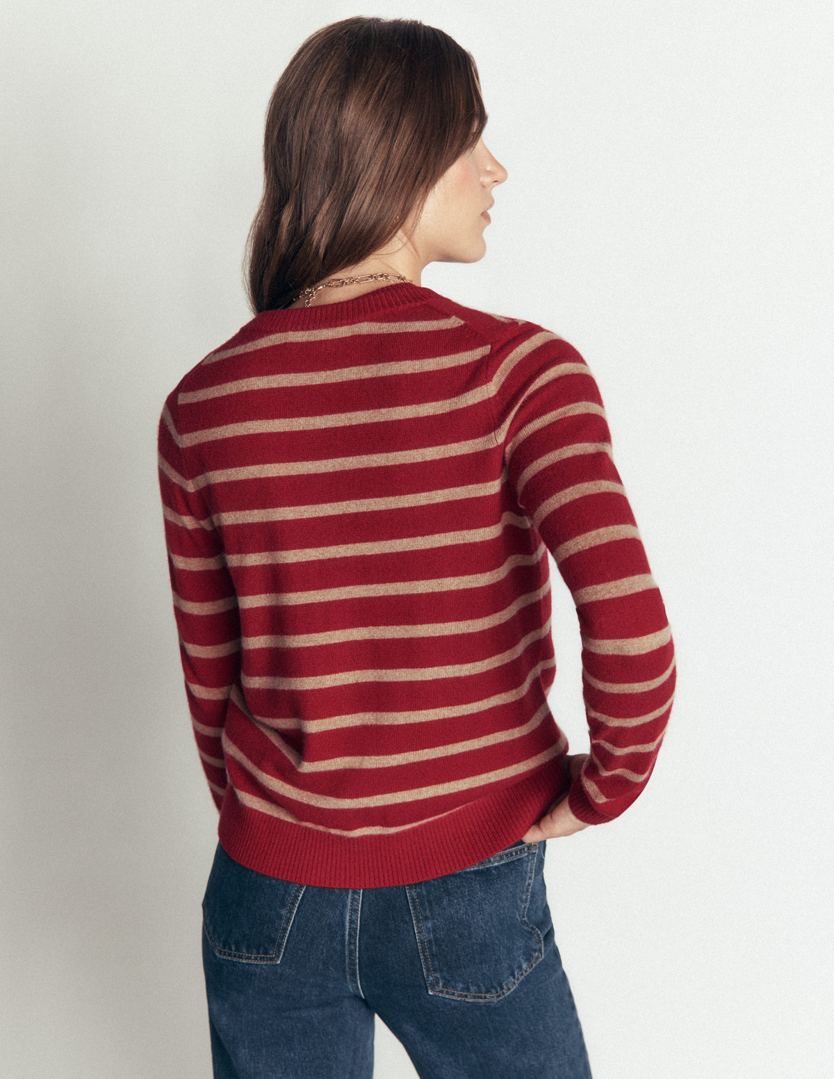 Elsie Cashmere Crew Cardigan-Poppy Red, Camel Stripe-4