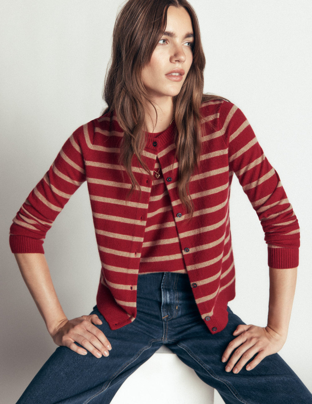 Elsie Cashmere Crew Cardigan-Poppy Red, Camel Stripe - Image 7