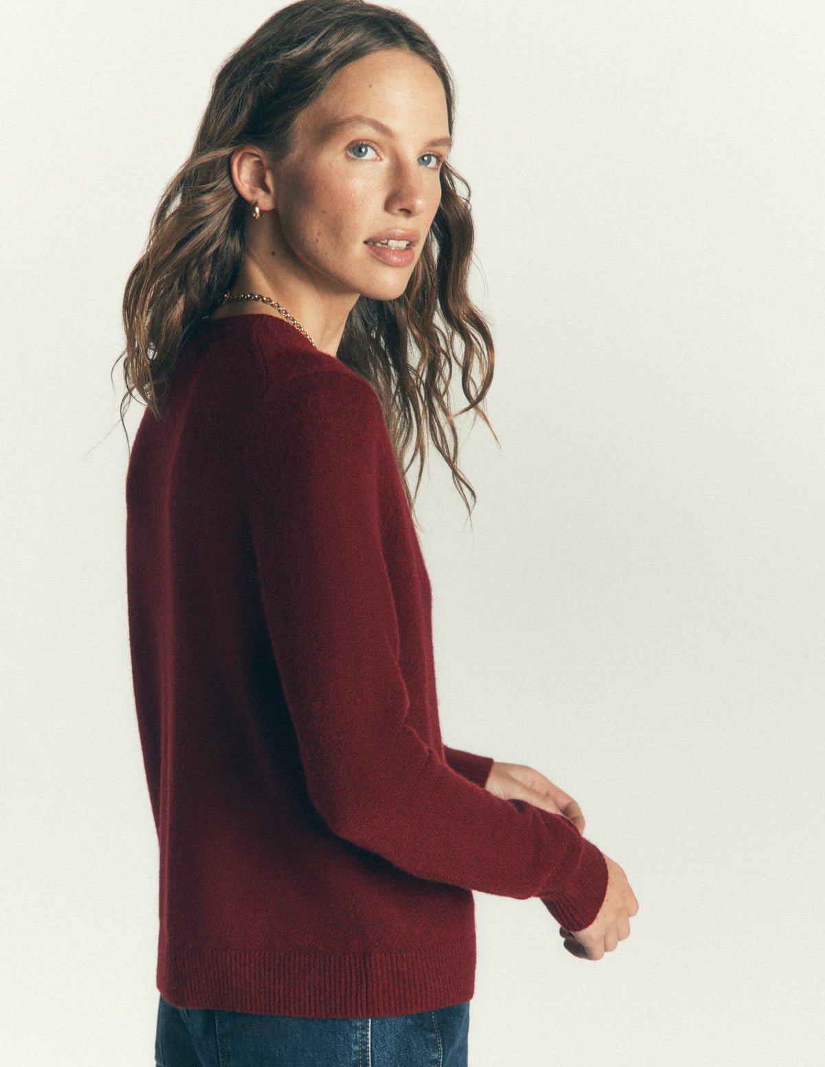 Elsie Cashmere Crew Cardigan-Deep Burgundy - Image 3
