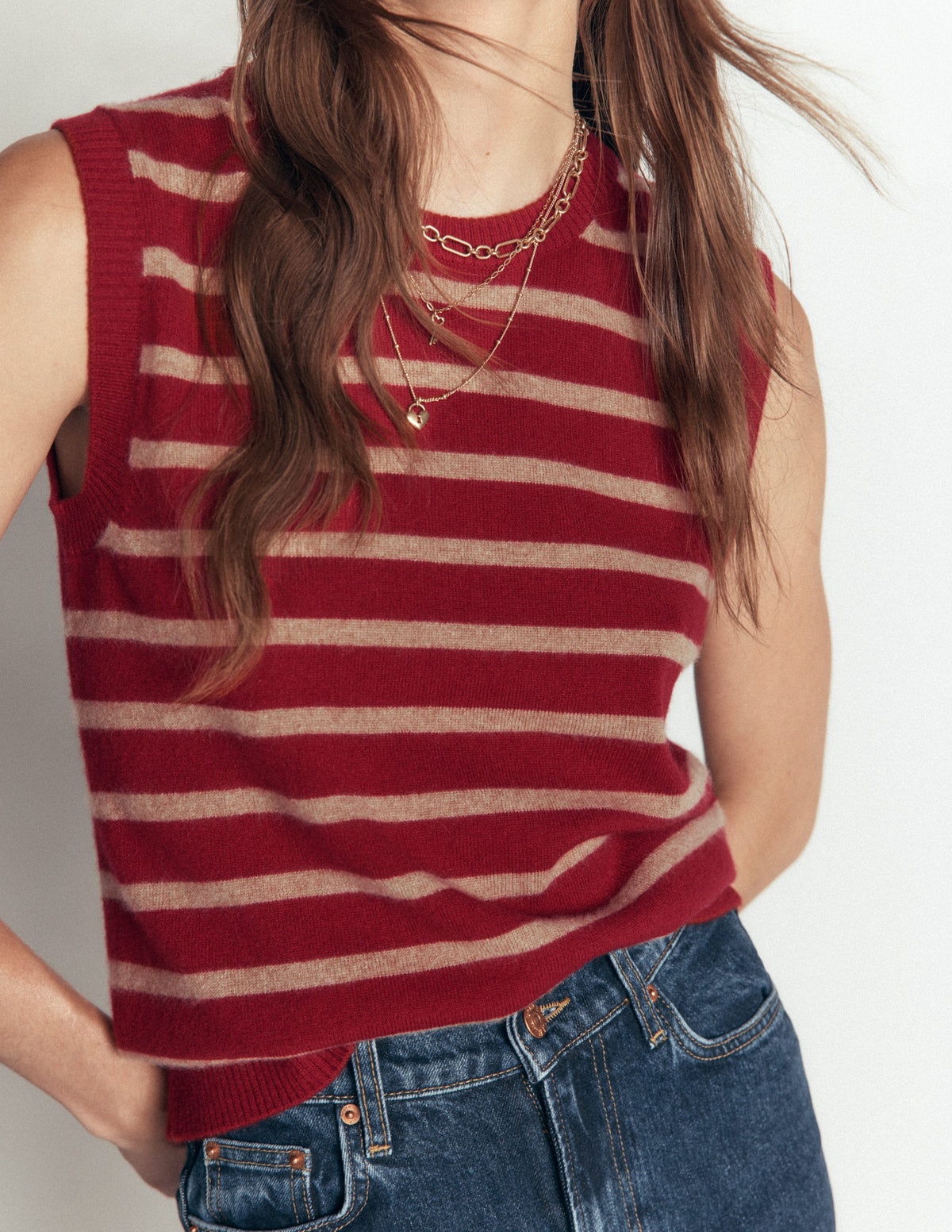 Elsie Cashmere Tank-Poppy Red, Camel Stripe-3