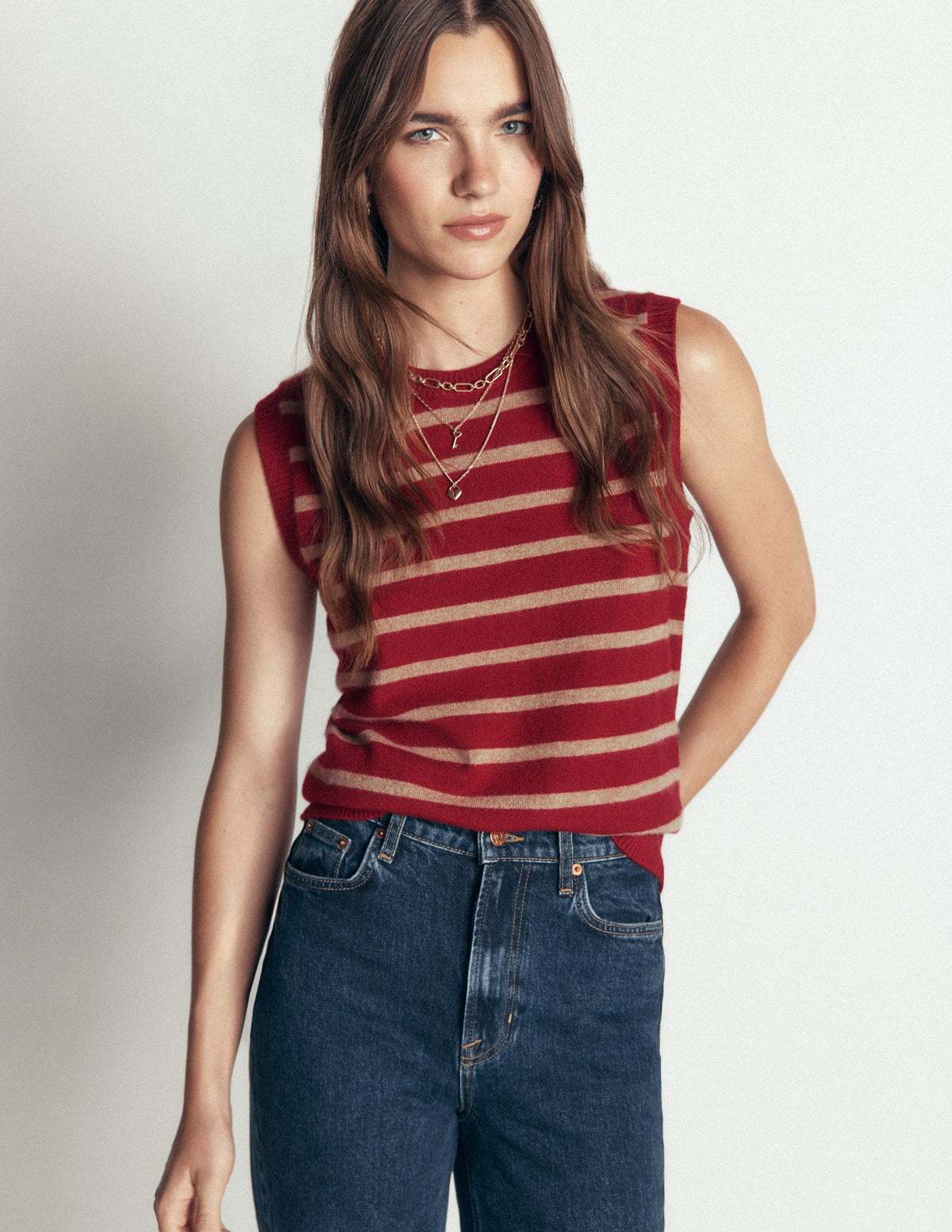 Elsie Cashmere Tank-Poppy Red, Camel Stripe-5