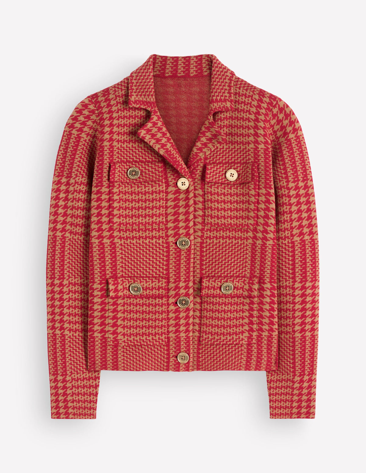 Phoebe Collared Knitted Jacket-Red, Camel check - Image 6