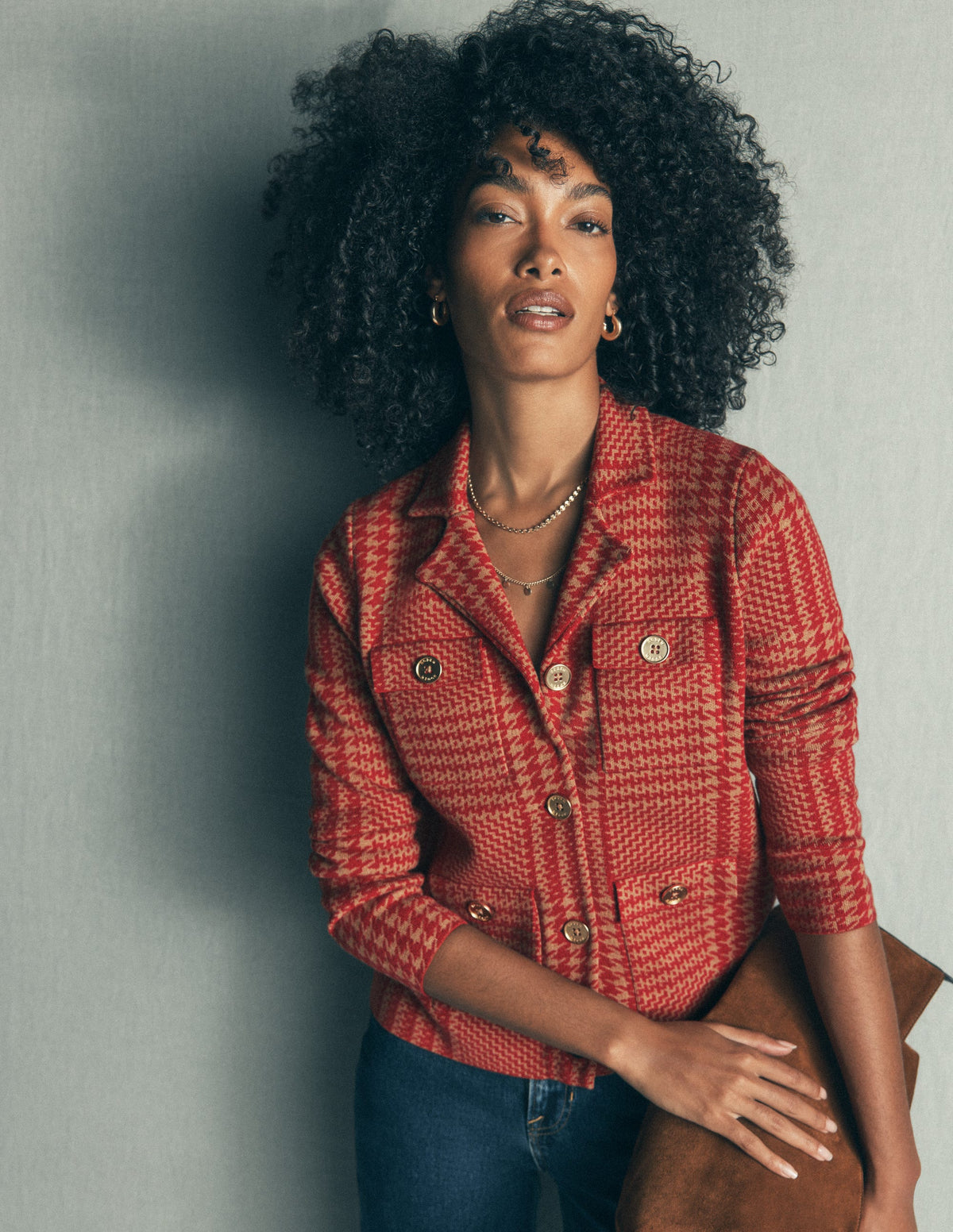 Phoebe Collared Knitted Jacket-Red, Camel check - Image 1