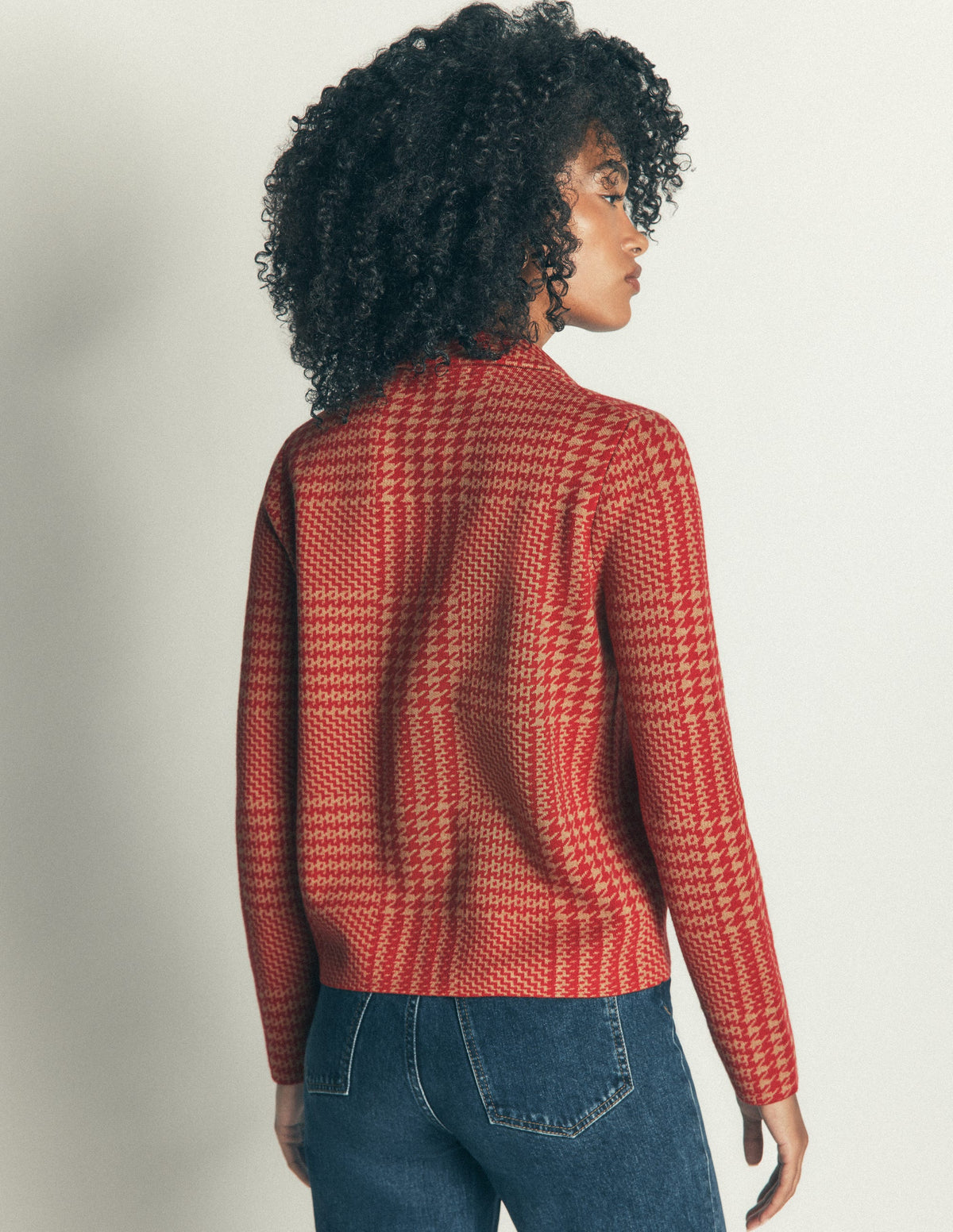 Phoebe Collared Knitted Jacket-Red, Camel check - Image 3