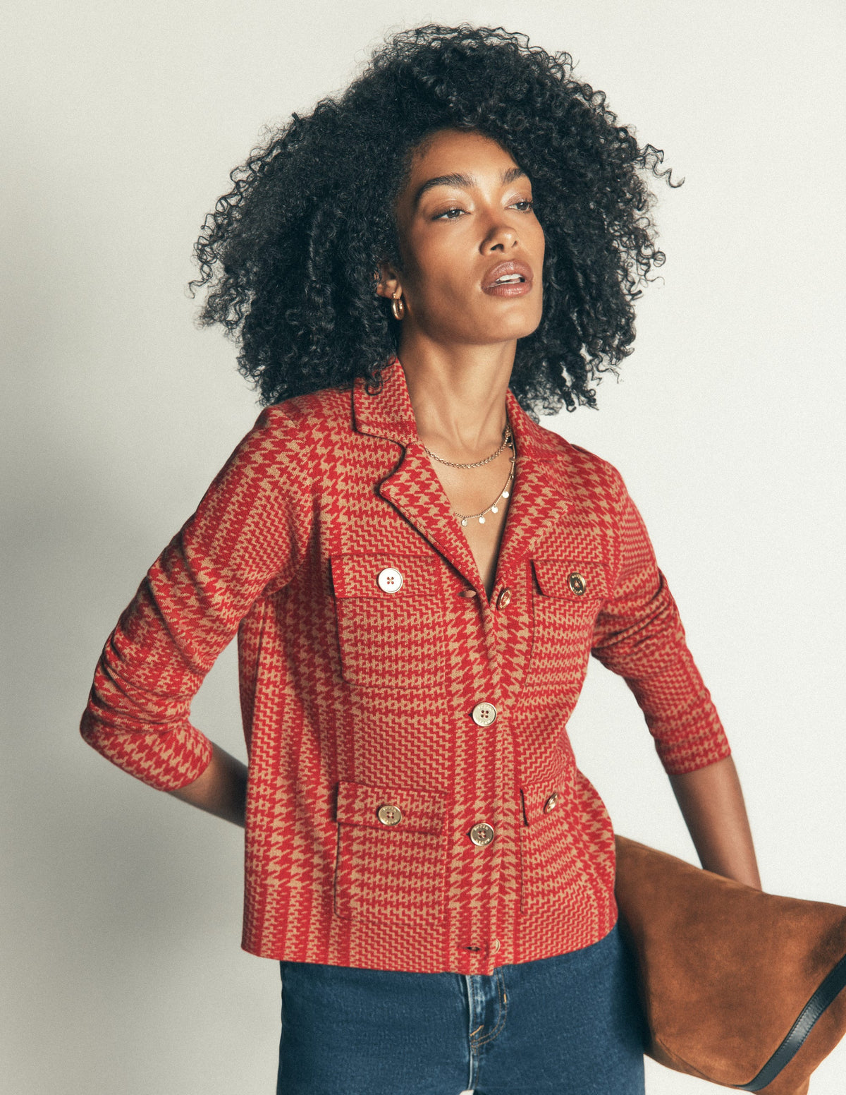 Phoebe Collared Knitted Jacket-Red, Camel check-5