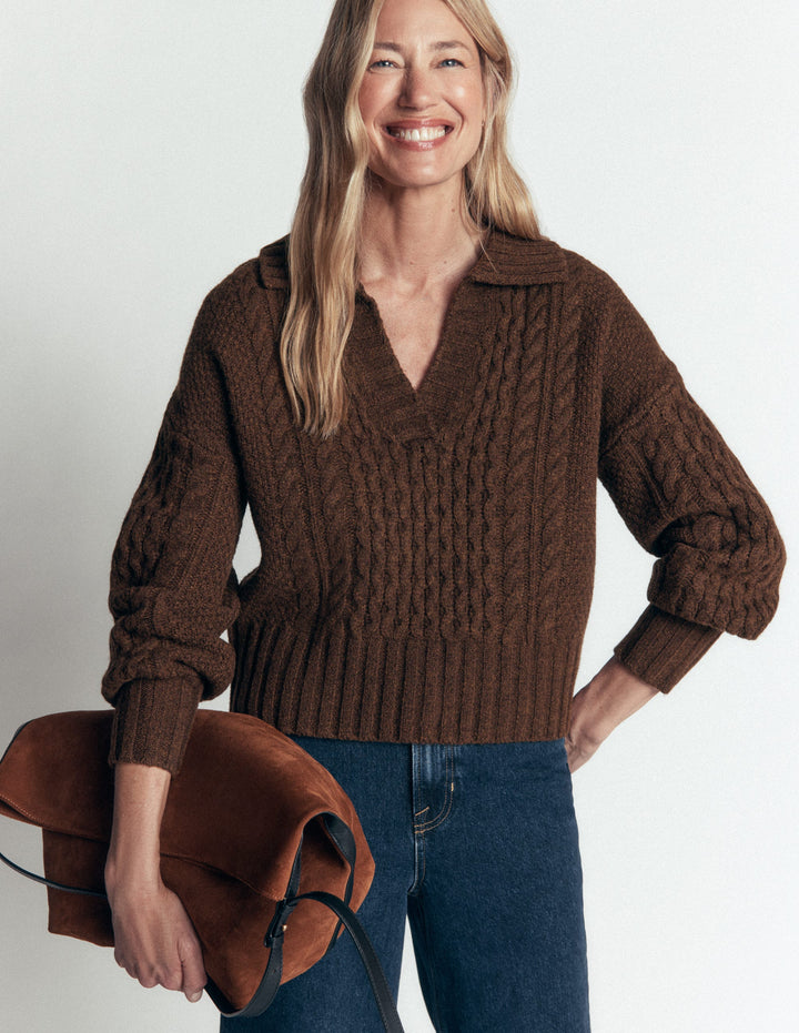 Collared Cable Knit Jumper-Raw Umber