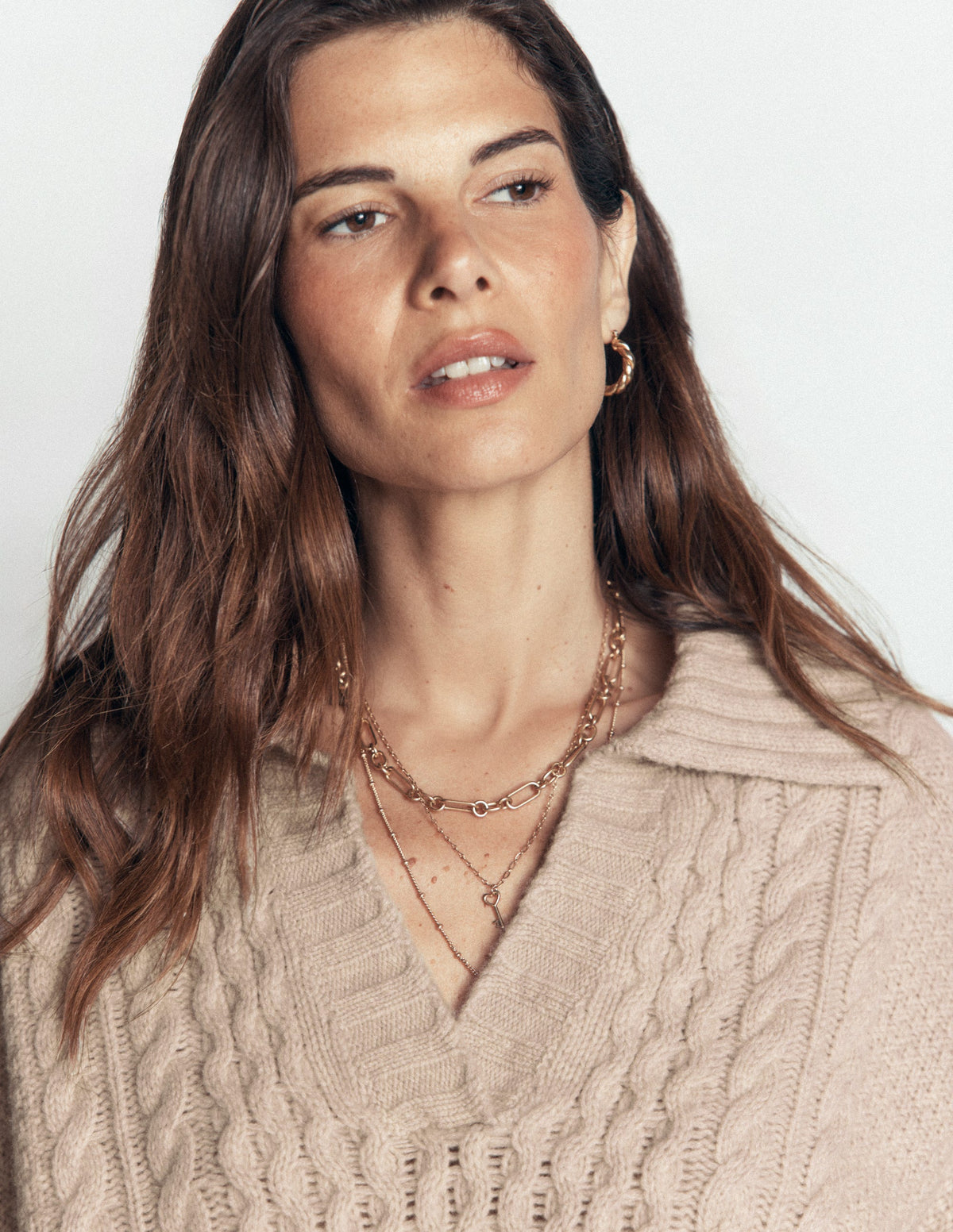 Collared Cable Knit Jumper-Oatmeal - Image 3
