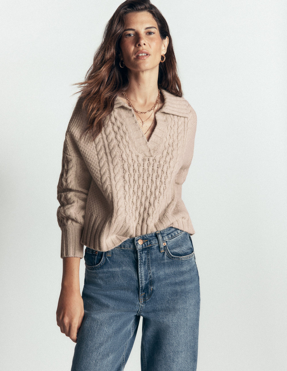 Collared Cable Knit Jumper-Oatmeal-5